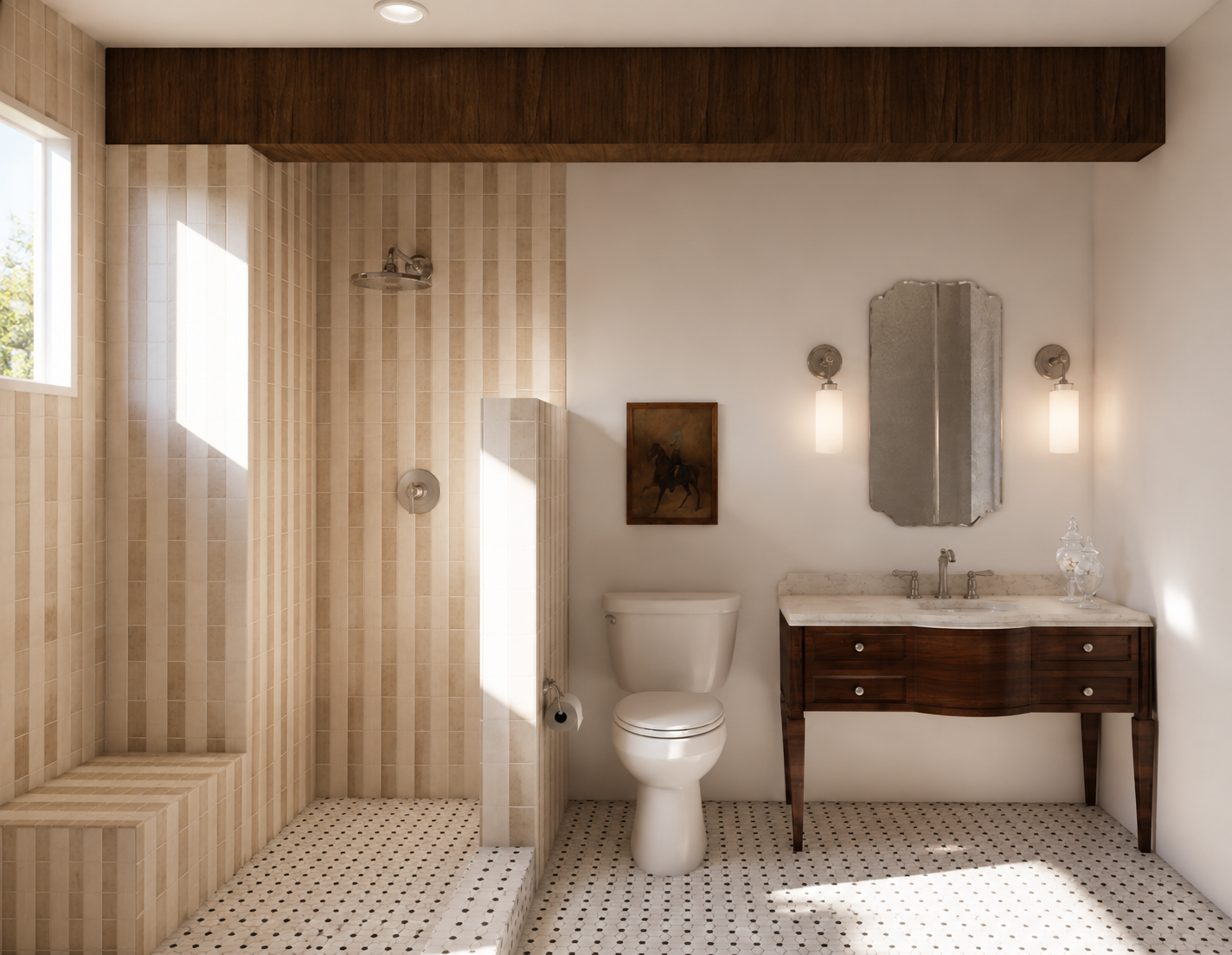 A bathroom with a shower area with beige tiles, a white toilet, and a vintage wooden vanity with a marble countertop and a mirror. The room has a window allowing natural light, and there are wall-mounted lights beside the mirror. A small painting of 