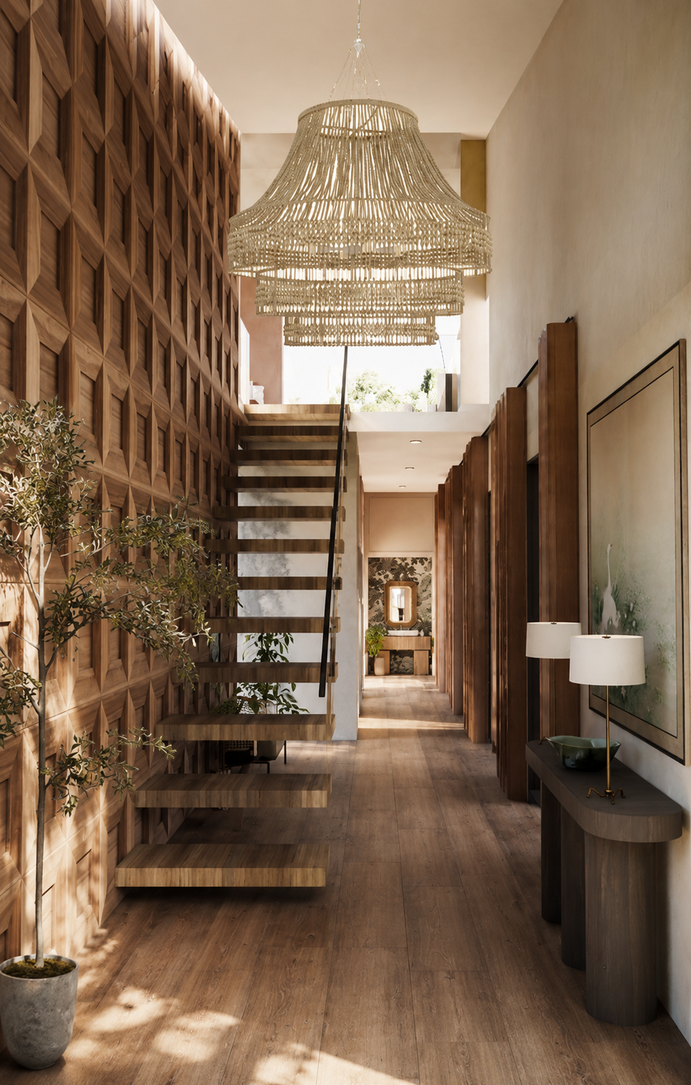 A modern interior of a home with a high ceiling, wooden staircase, decorative wooden wall, large chandelier, potted plant, a console table with lamps, and artwork on the wall.