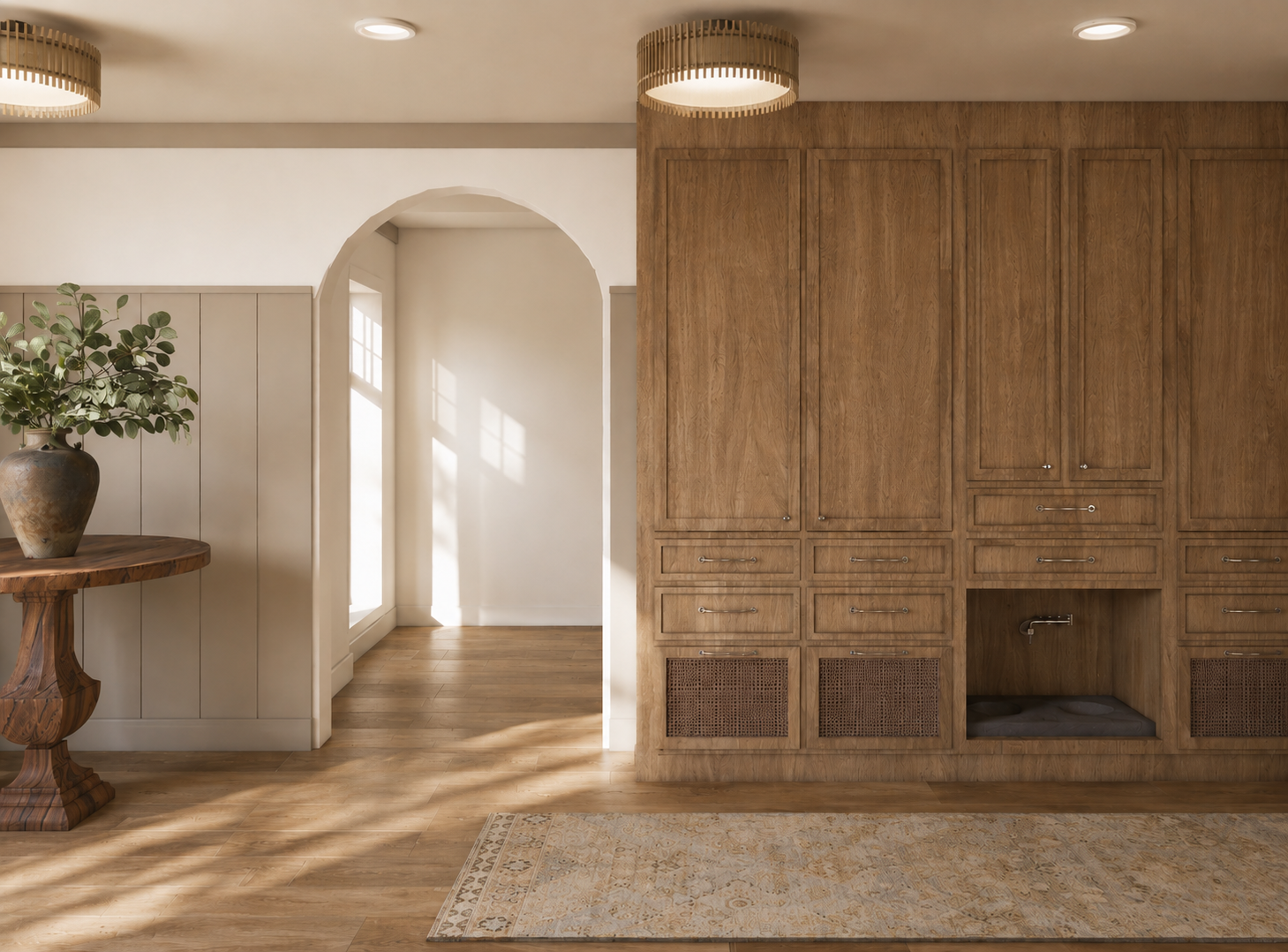 Interior view of a room with wooden cabinetry, a wooden table with a large plant in a ceramic vase, hardwood floors, a window with sunlight, and a patterned rug.