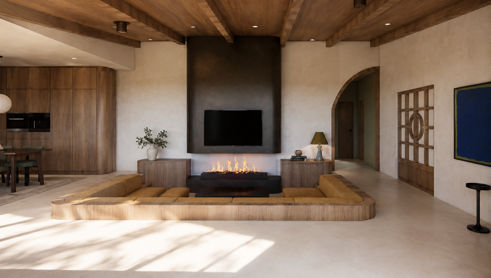Living room with a modern fireplace, flat-screen TV, and wooden furniture including a low couch, side tables, and a kitchen area in the background.