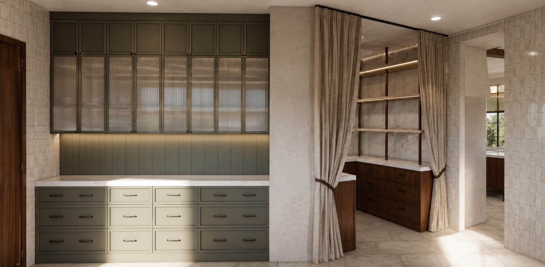 Interior of a modern home with built-in green cabinetry, open shelving, beige curtains, marble and wood finishes, and large windows letting in natural light.