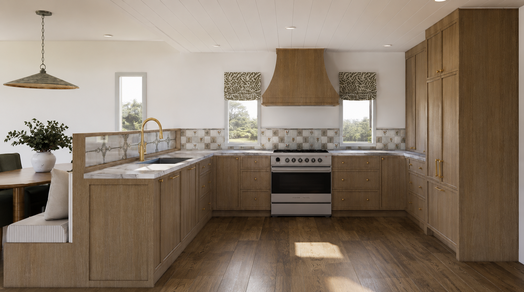 Kitchen with wooden cabinets, marble countertops, gold hardware, a stove, and a window with patterned window shades.