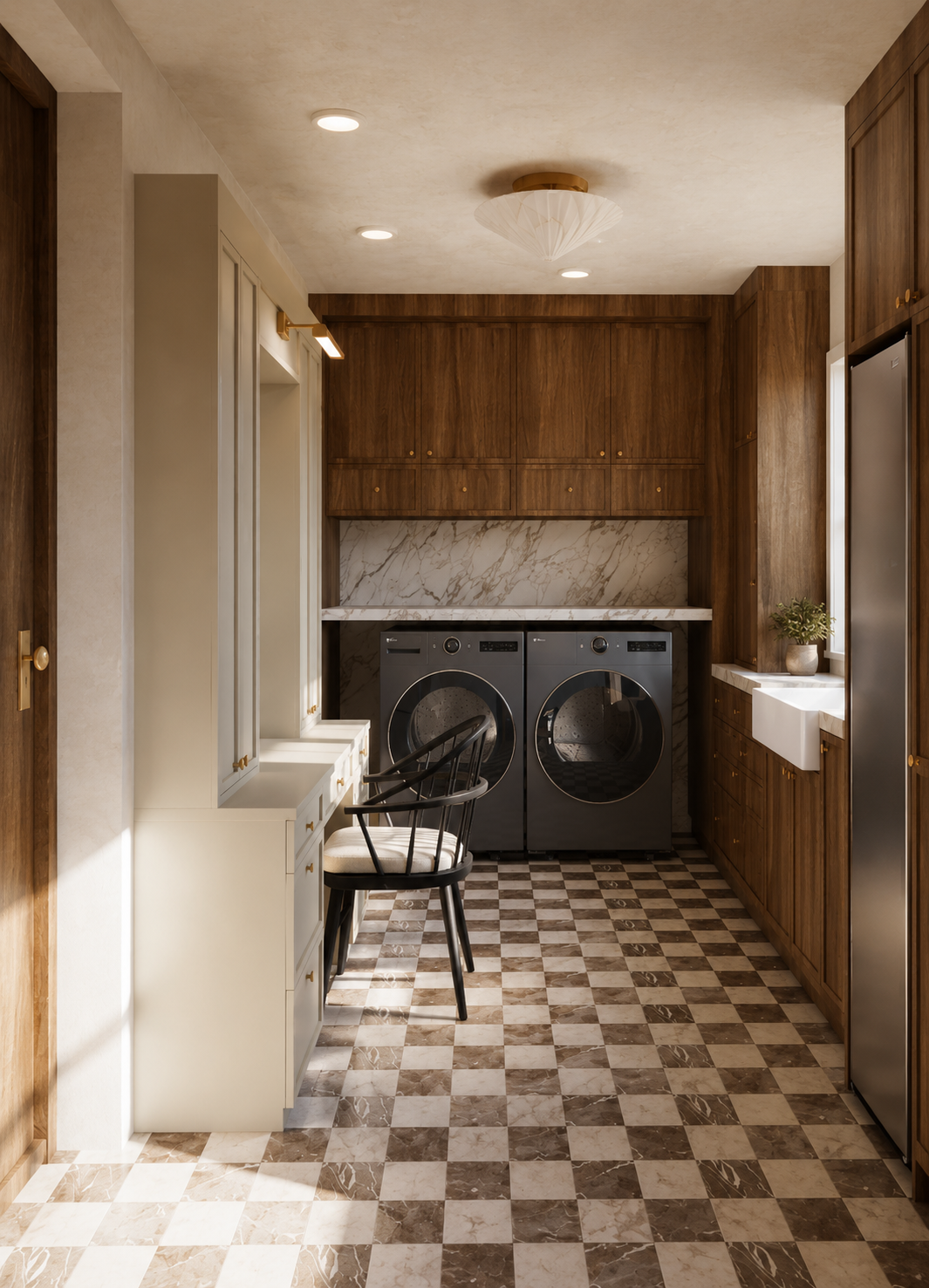 Laundry room with dark wood cabinets, white marble backsplash, front-loading washer and dryer, small black chair, white sink, and checkered tile floor.