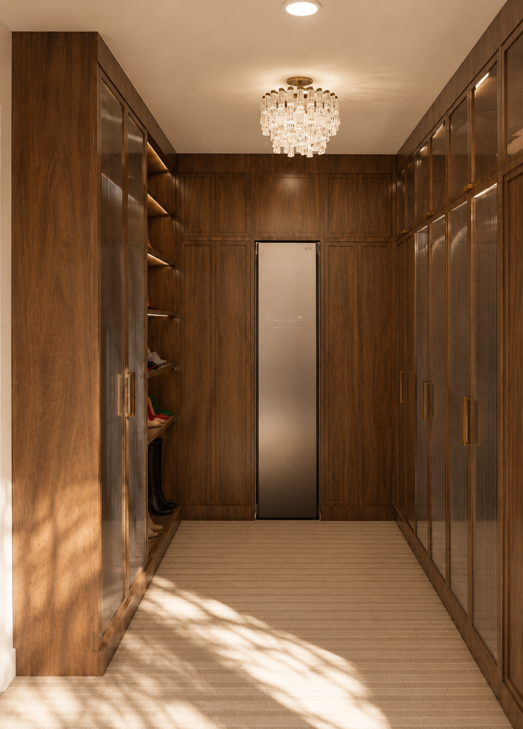 A walk-in closet with wooden cabinets and shelves, a stainless steel elevator door, and a chandelier overhead.