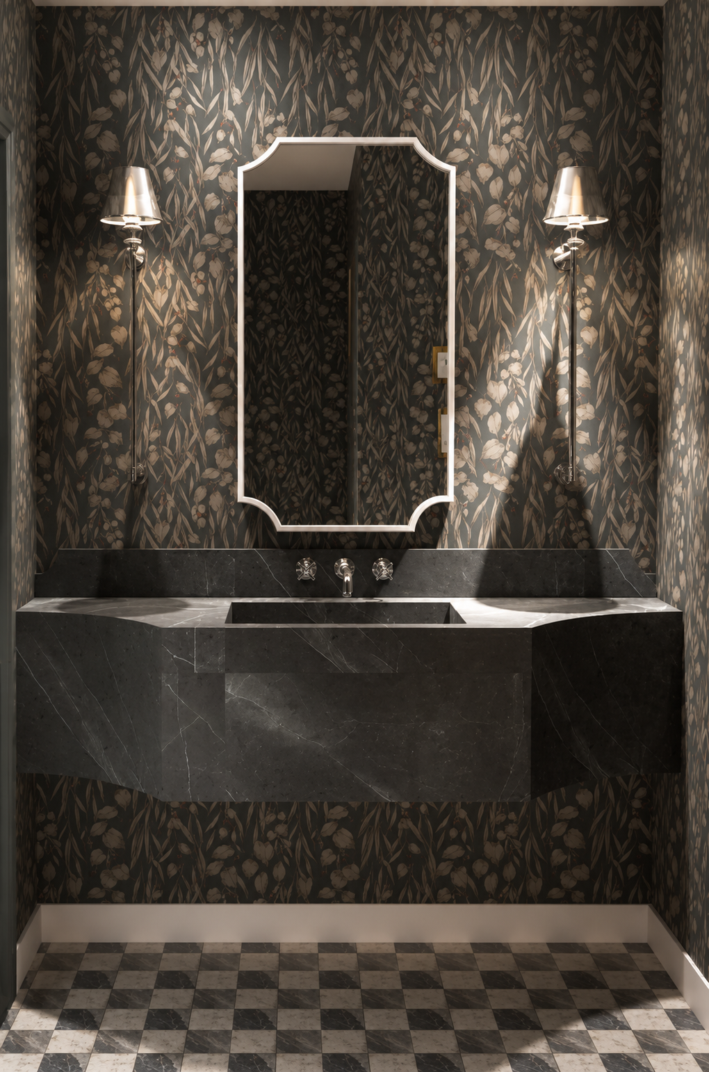 A bathroom vanity with a black marble countertop and a rectangular undermount sink, set against floral patterned wallpaper. A mirror with an ornate white frame hangs above the sink, flanked by two wall-mounted silver lamps with shades, and a checkere