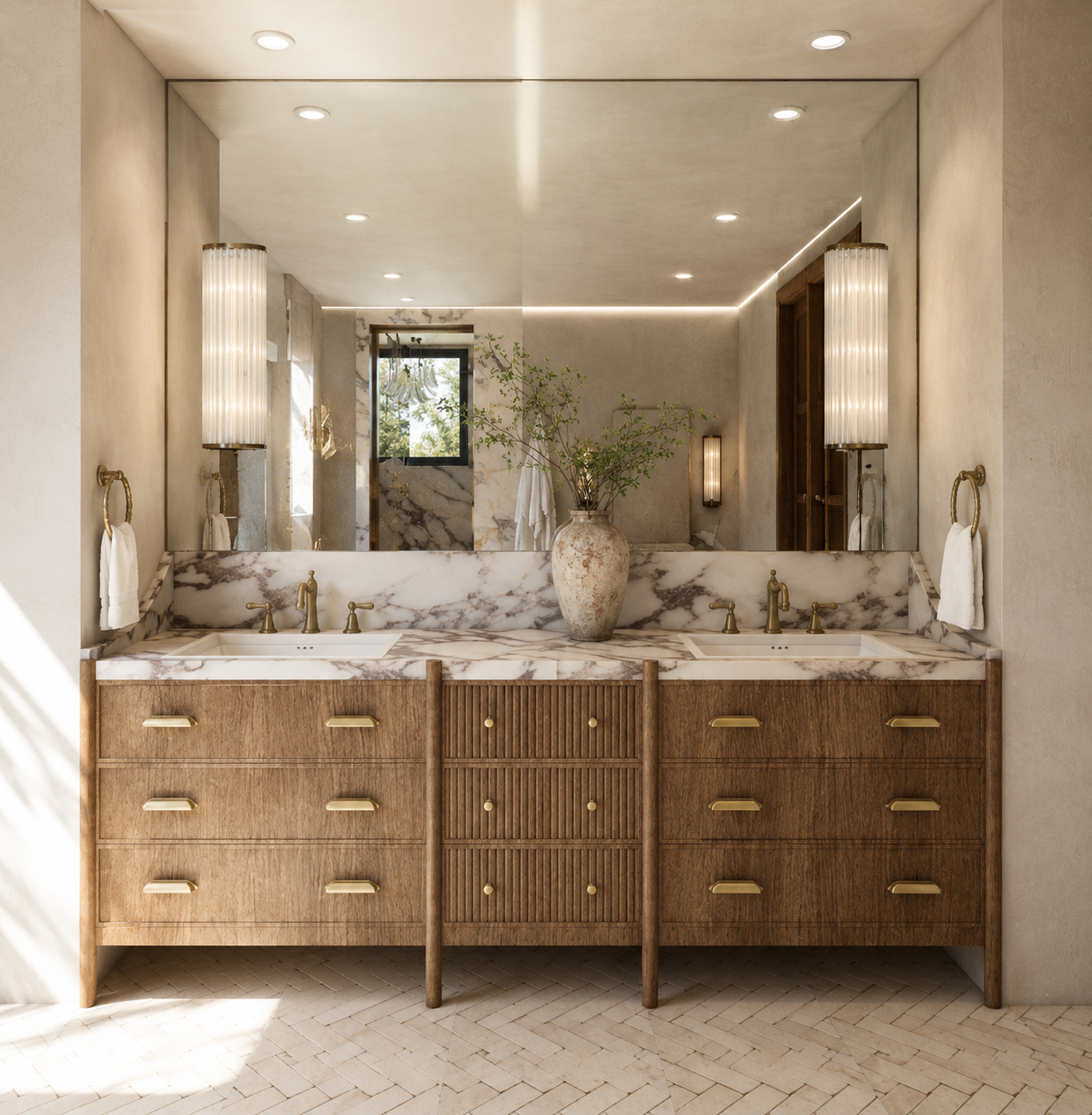 Double bathroom vanity with marble countertop, gold faucets, large mirror, and a ceramic vase with greenery balcony window in the background.