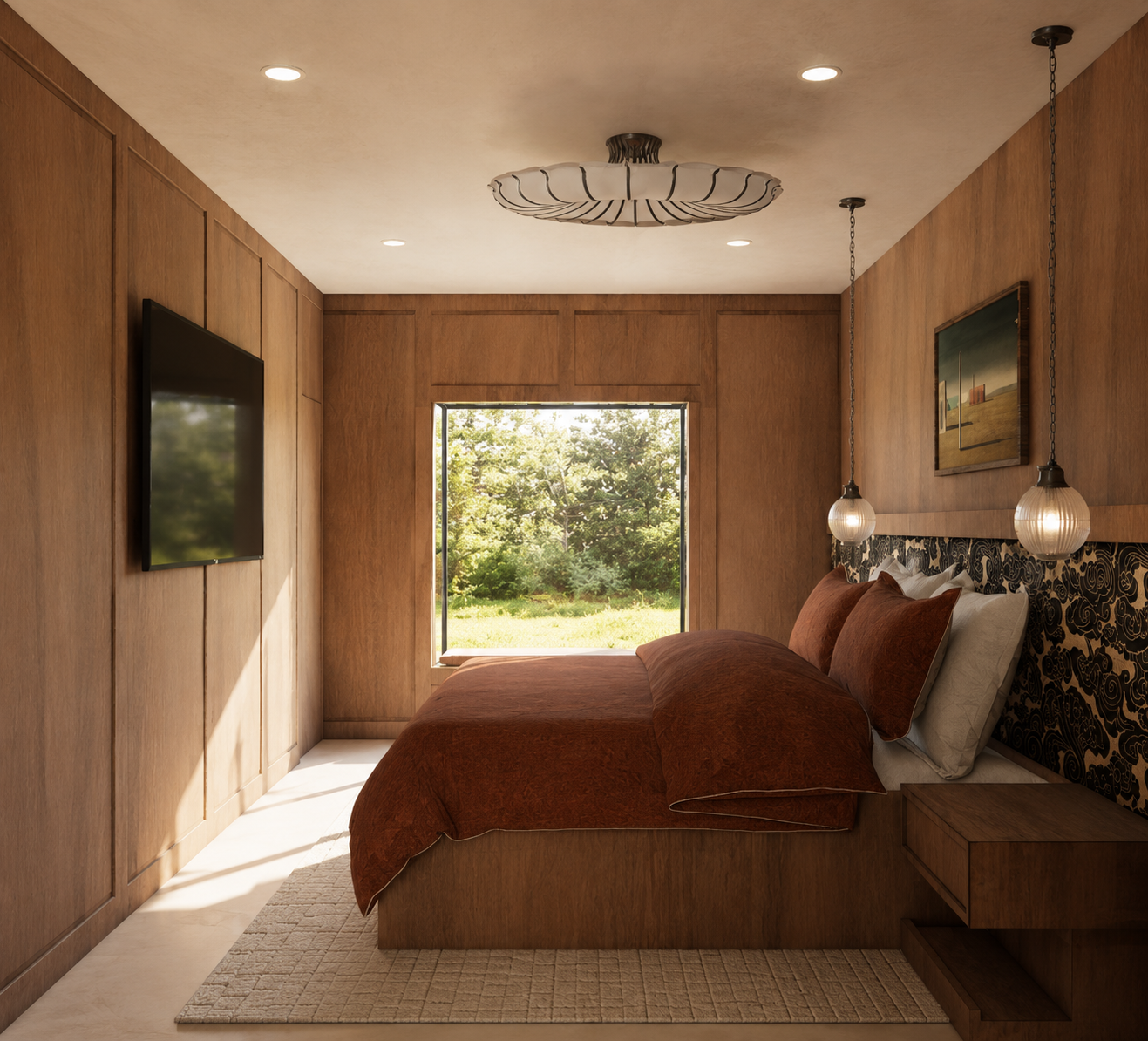 A bedroom with wooden walls, a bed with rust-colored bedding and pillows, two pendant lights, a window showing green trees outside, a wall-mounted flat-screen TV, a piece of artwork, and a ceiling light fixture.