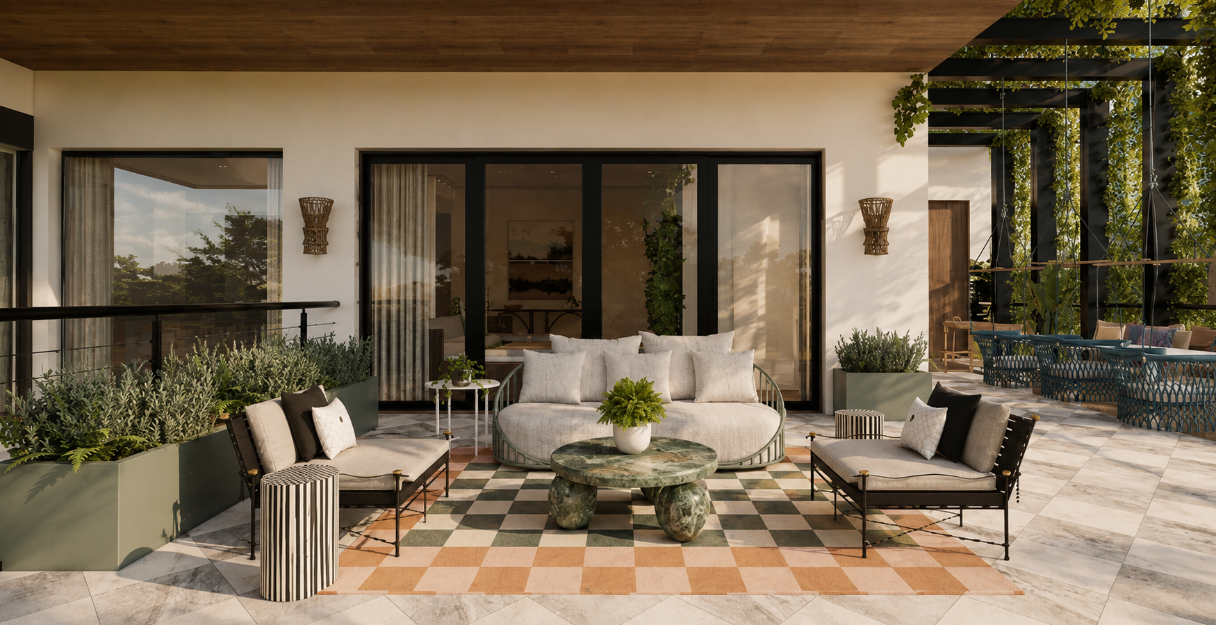 Outdoor patio with modern furniture, large sliding glass doors, potted plants, and a patterned area rug.