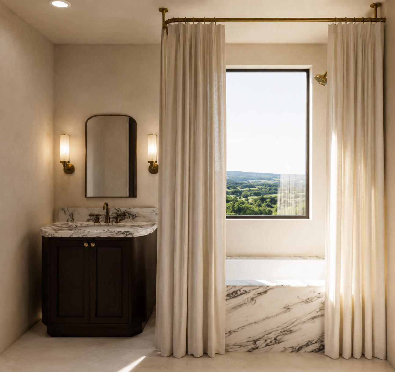 A bathroom with a marble sink and dark wooden cabinet, gold fixtures, framed mirror, two wall sconces, large window with curtains, leading to a view of green hills and a blue sky.