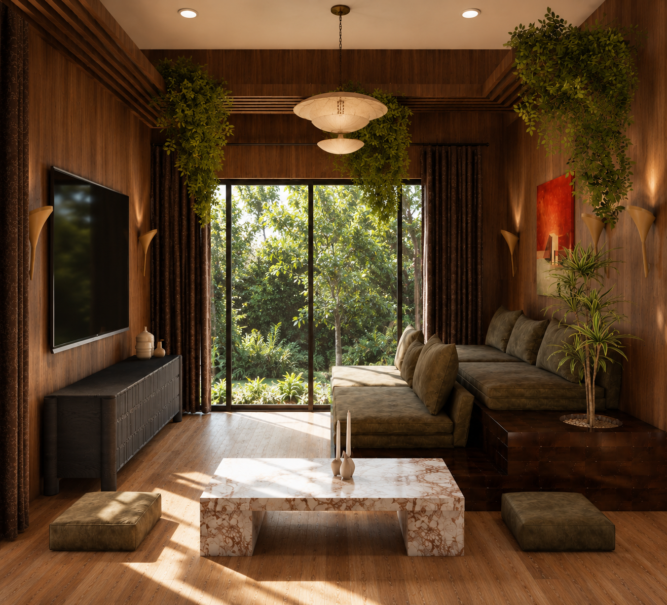 A living room with wooden walls and large glass sliding doors overlooking a green garden. There is a wall-mounted TV on the left, a dark wooden sideboard below it, and a marble coffee table in front. A long green cushioned sofa and two small cushions