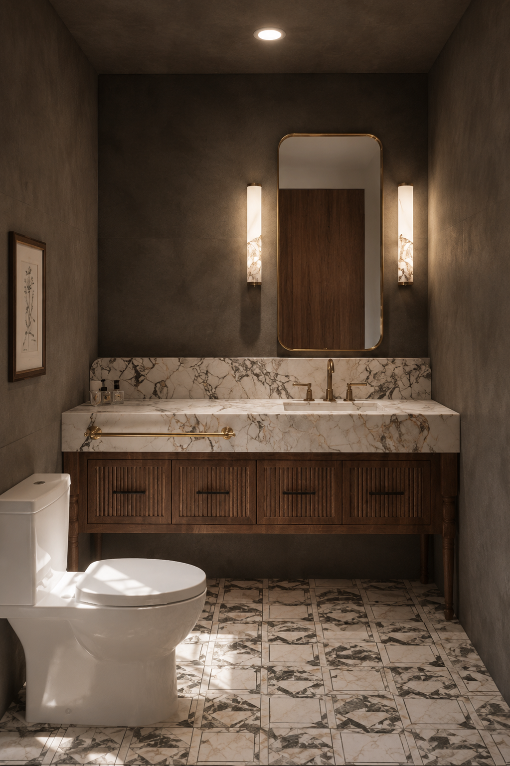 A modern bathroom with dark gray walls, a marble countertop with gold fixtures, a wooden vanity cabinet, a white toilet, and a rectangular mirror flanked by two wall sconces.