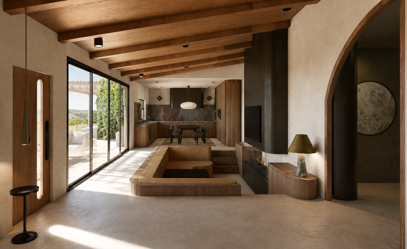 Living room with large sliding glass doors opening to a patio, wooden ceiling beams, a fireplace with black chimney, modern furniture, and a view of greenery outside.