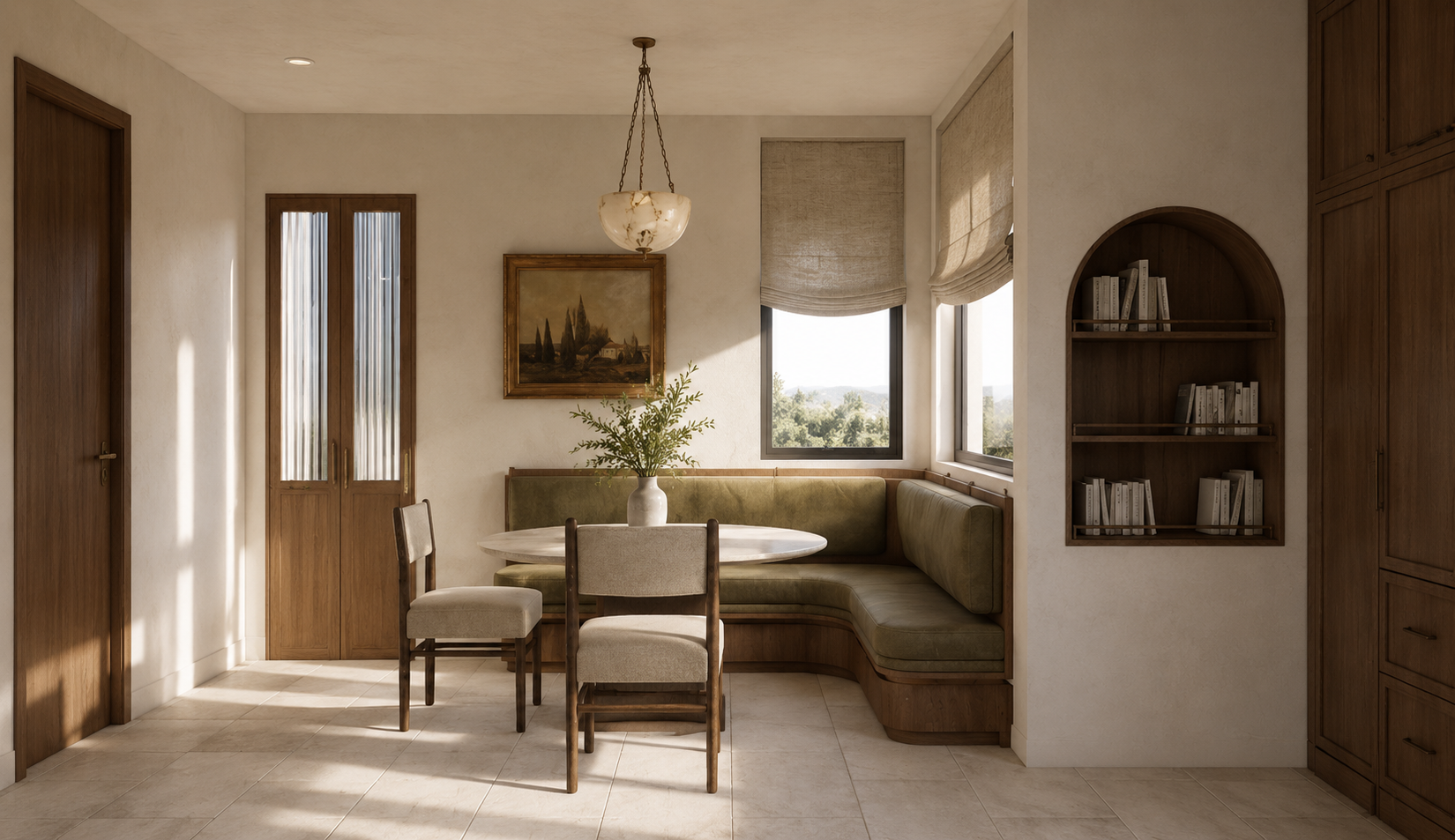 A cozy dining nook with a round white table, beige and green seating, a vase with greenery, a framed landscape painting, a window with beige curtains, and built-in wooden shelves with books.