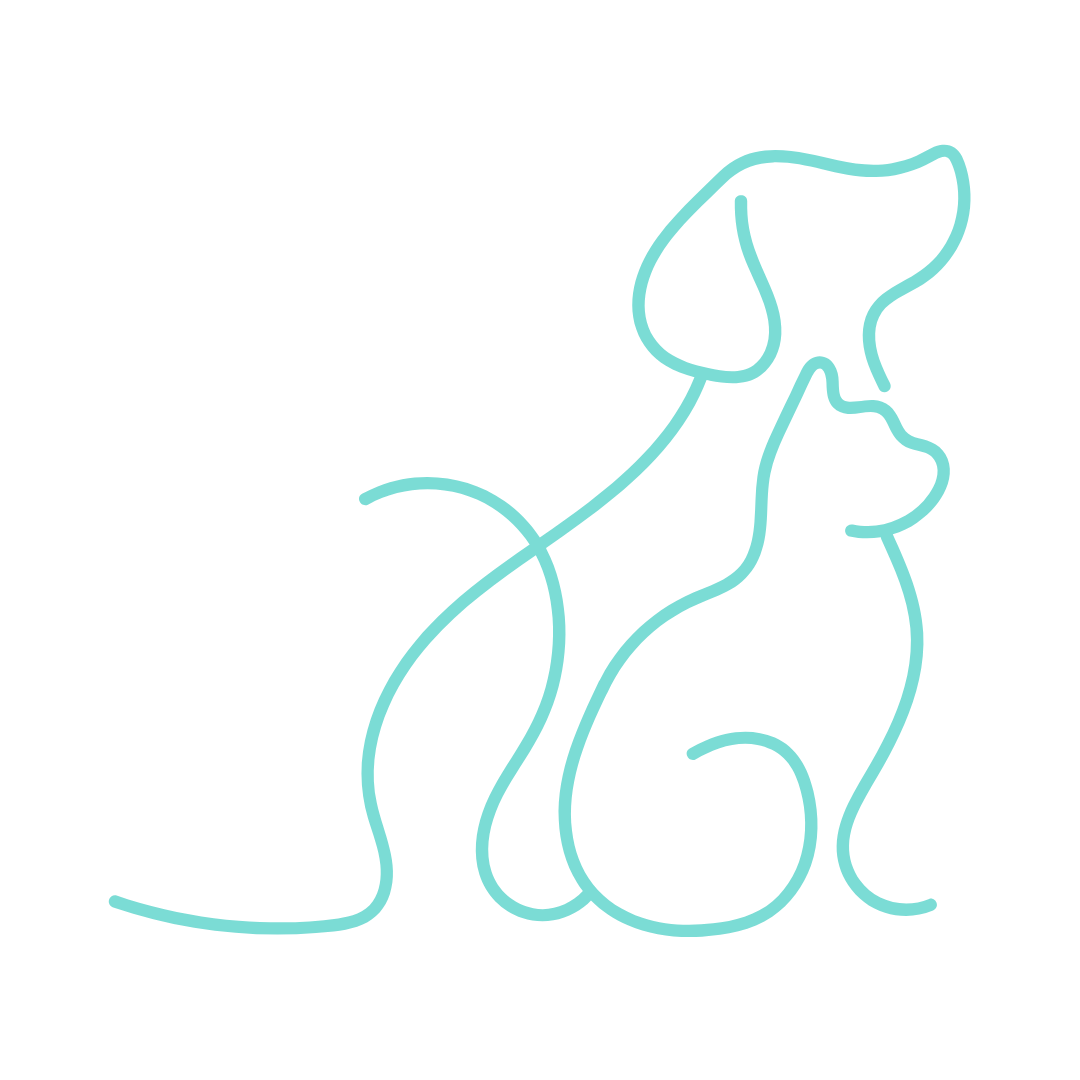 Outline drawing of a dog and cat sitting together, created with a single continuous line.