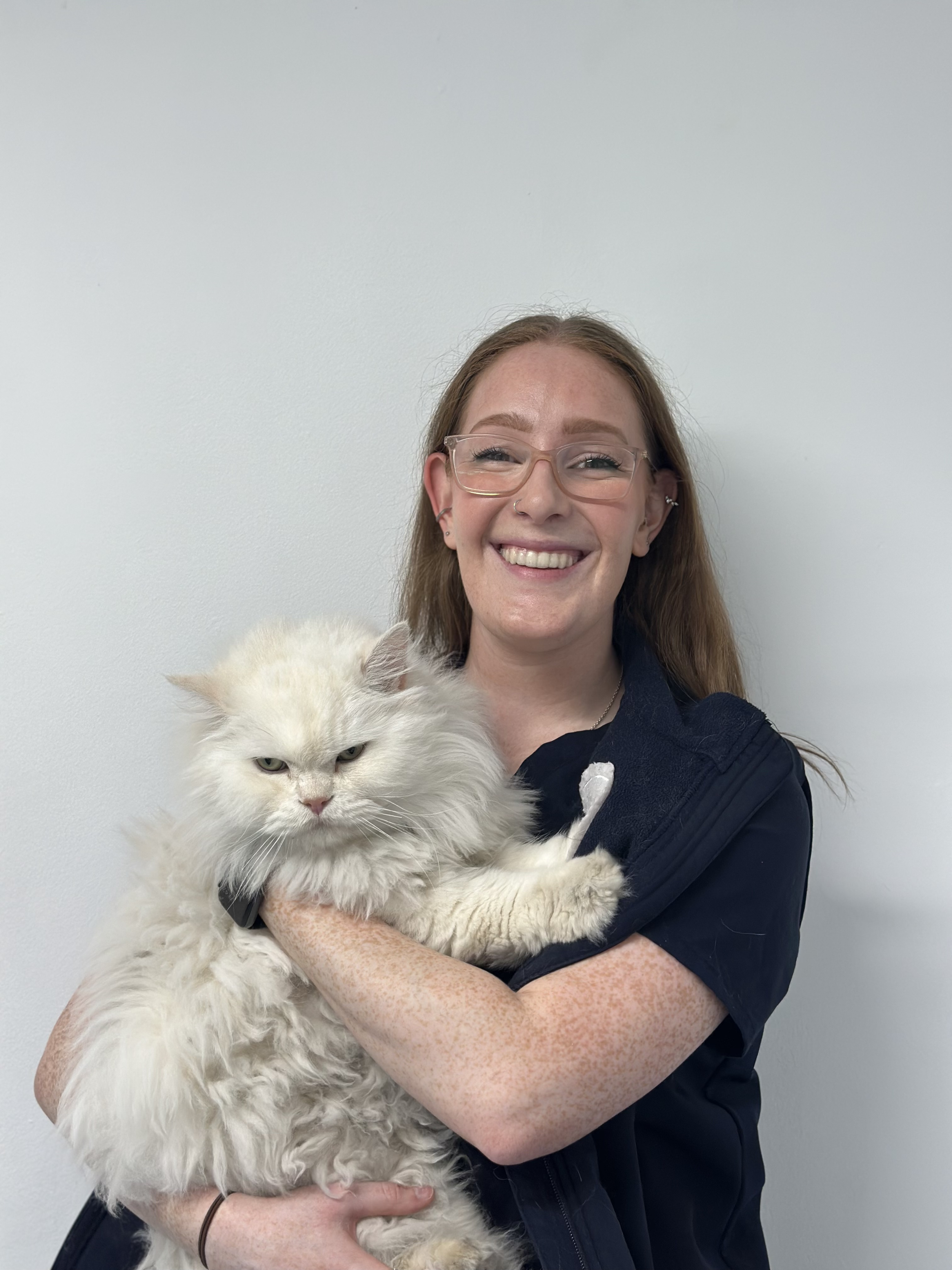 Person smiling while holding a fluffy white cat against a plain background.