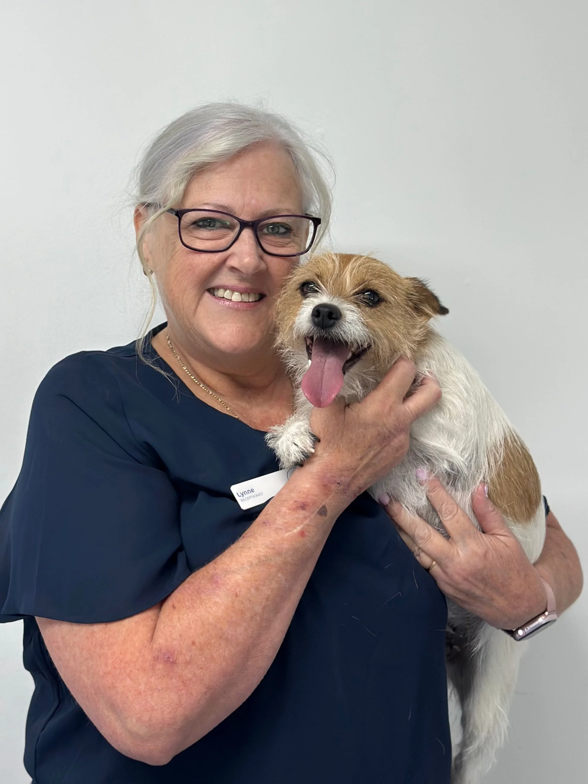 A smiling woman holding a small dog with brown and white fur, wearing glasses and a dark blue shirt, standing against a plain white background.