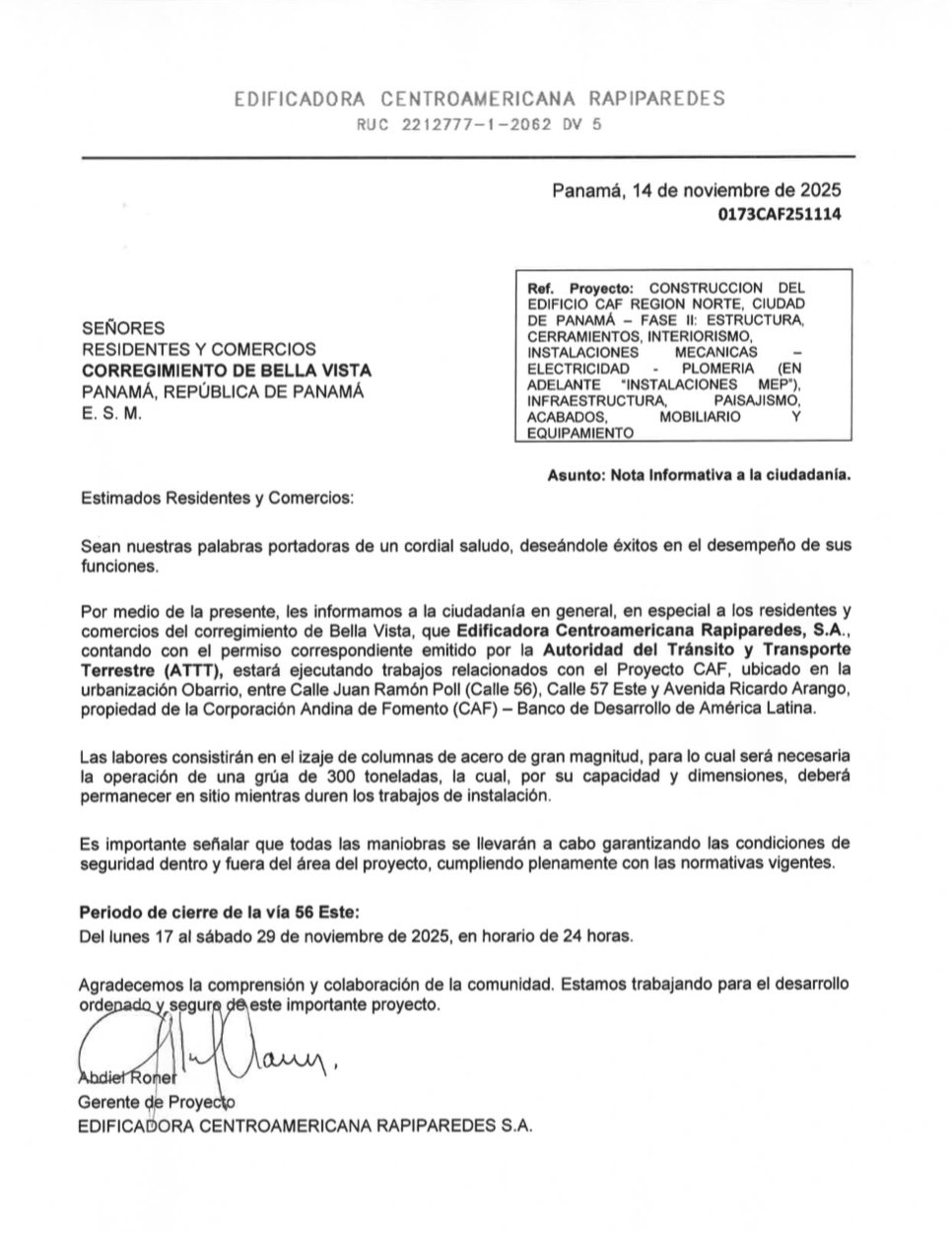 Notificación de Cierre y Desvío en Bella Vista