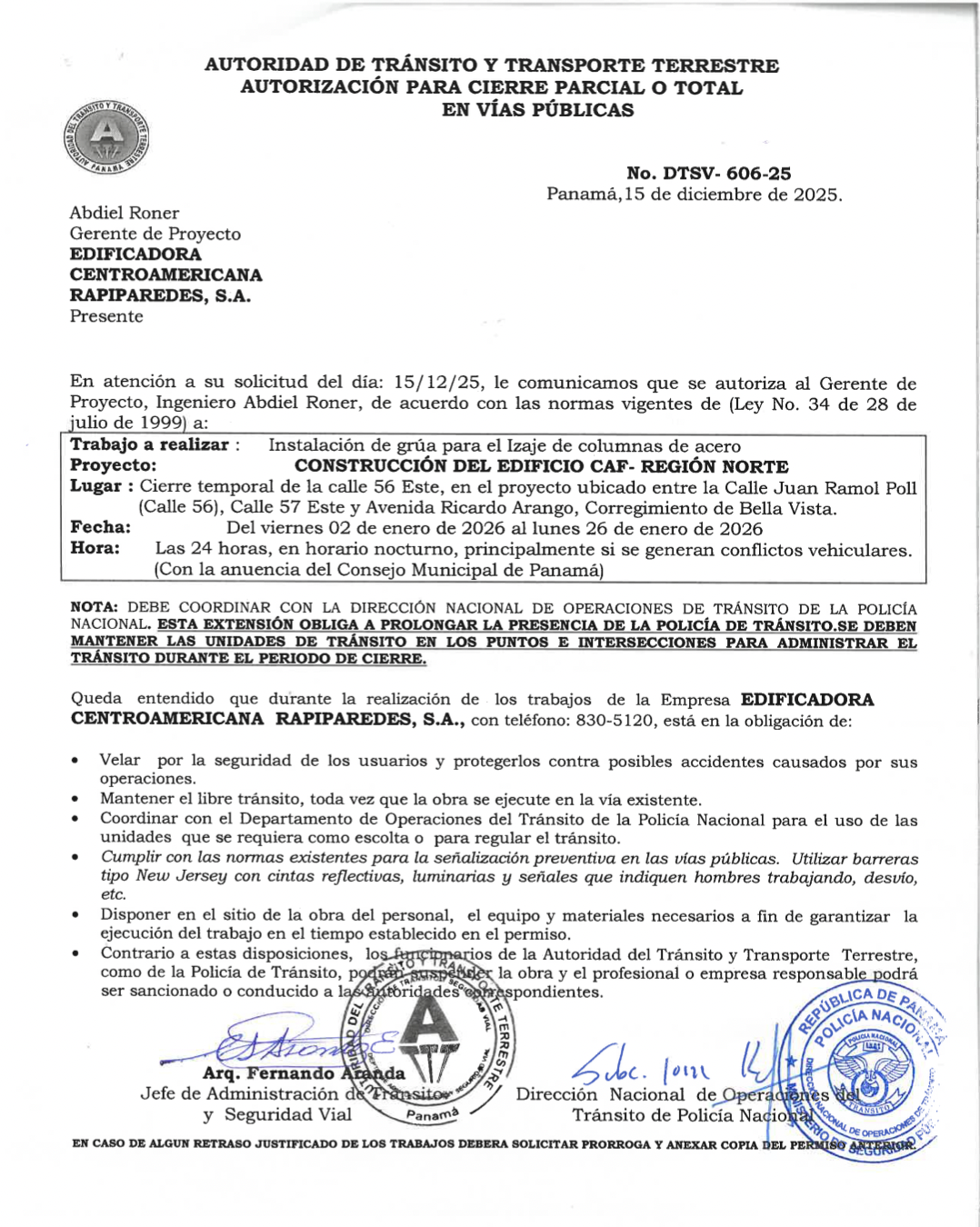 Cierre temporal en Calle 56 Este por obras de construcción