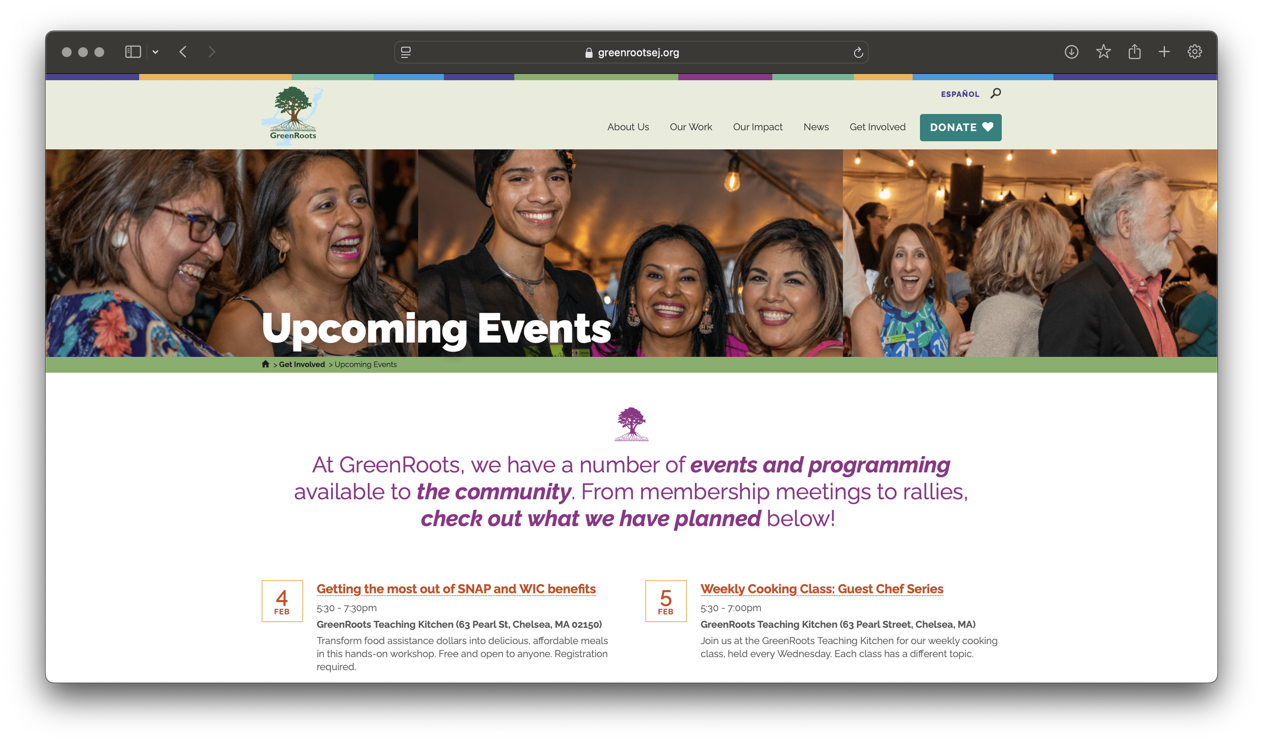 Screenshot of GreenRoots' Upcoming Events page. The banner shows a collage of a diverse group of people during a celebration event. There is more text detailing about the organization's upcoming events.