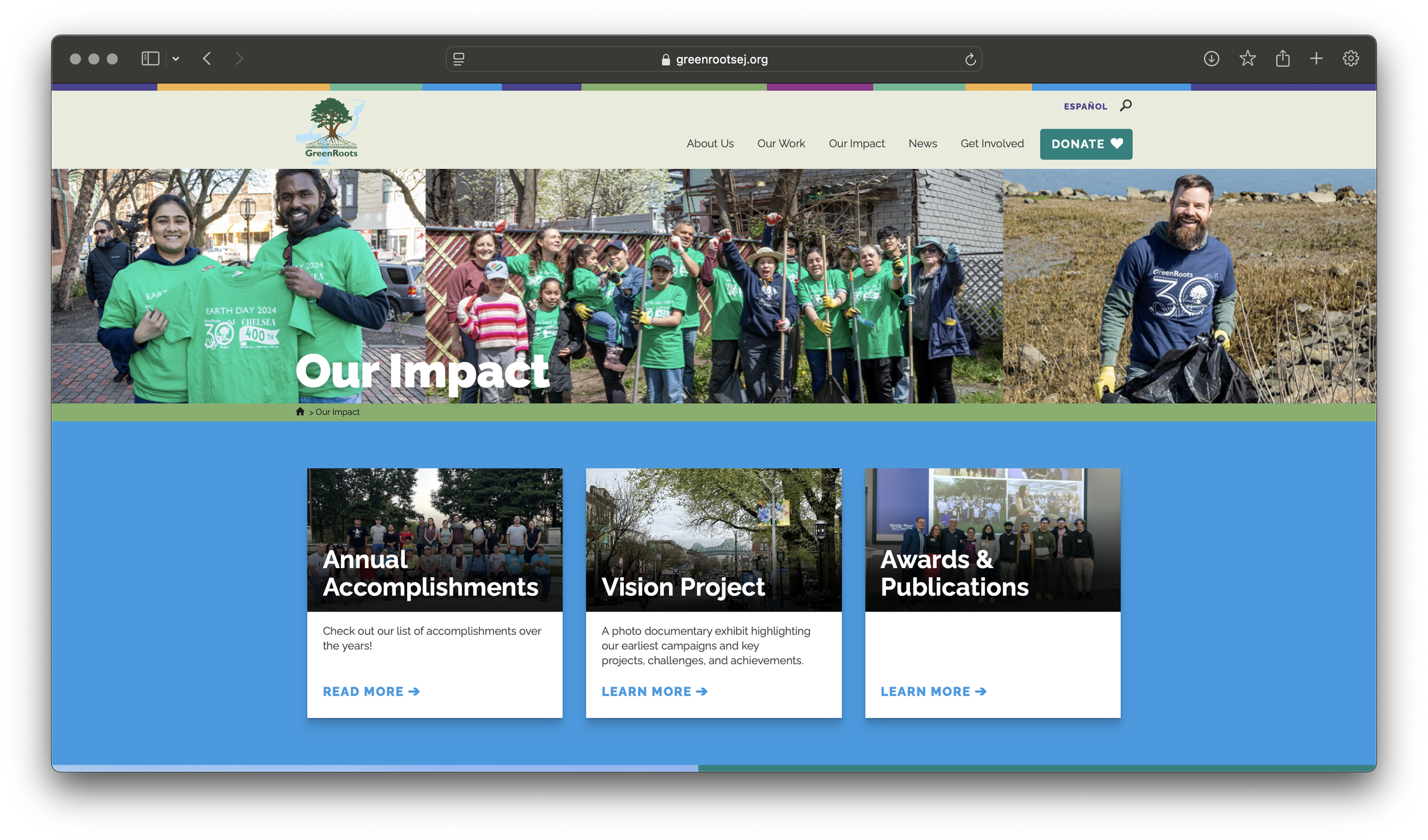 Screenshot of GreenRoots' Our Impact page. The banner depicts a collage of a diverse group of people during Earth Day 2024.