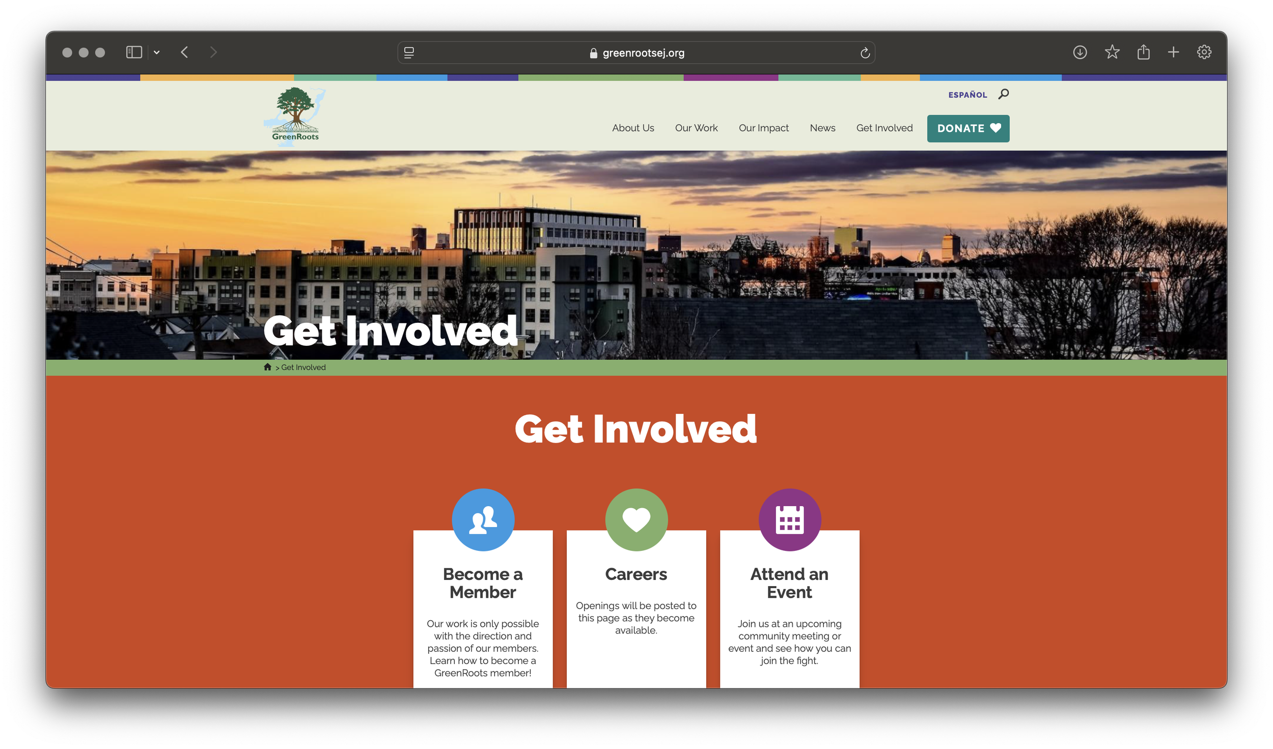 Screenshot of GreenRoots' Get Involved page. The banner is an overview of Chelsea, MA during a sunset. There are three content cards with different prompts to get involved.