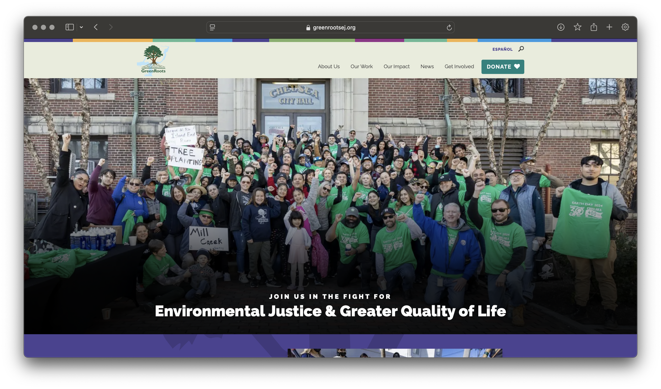 Screenshot of GreenRoots homepage. There is a diverse group of people holding their fists up in celebration. The text reads "JOIN US IN THE FIGHT FOR ENVIRONMENTAL & GREATER QUALITY OF LIFE"