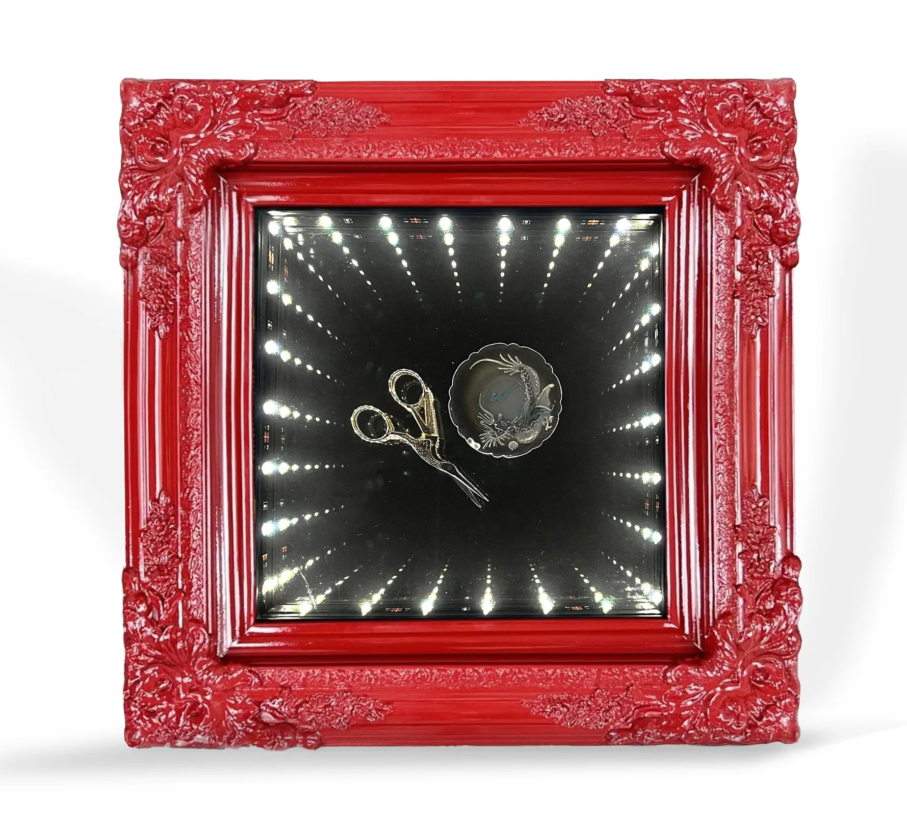 Infinity mirror with dragon plate and phoenix sewing scissors artifacts in a red frame