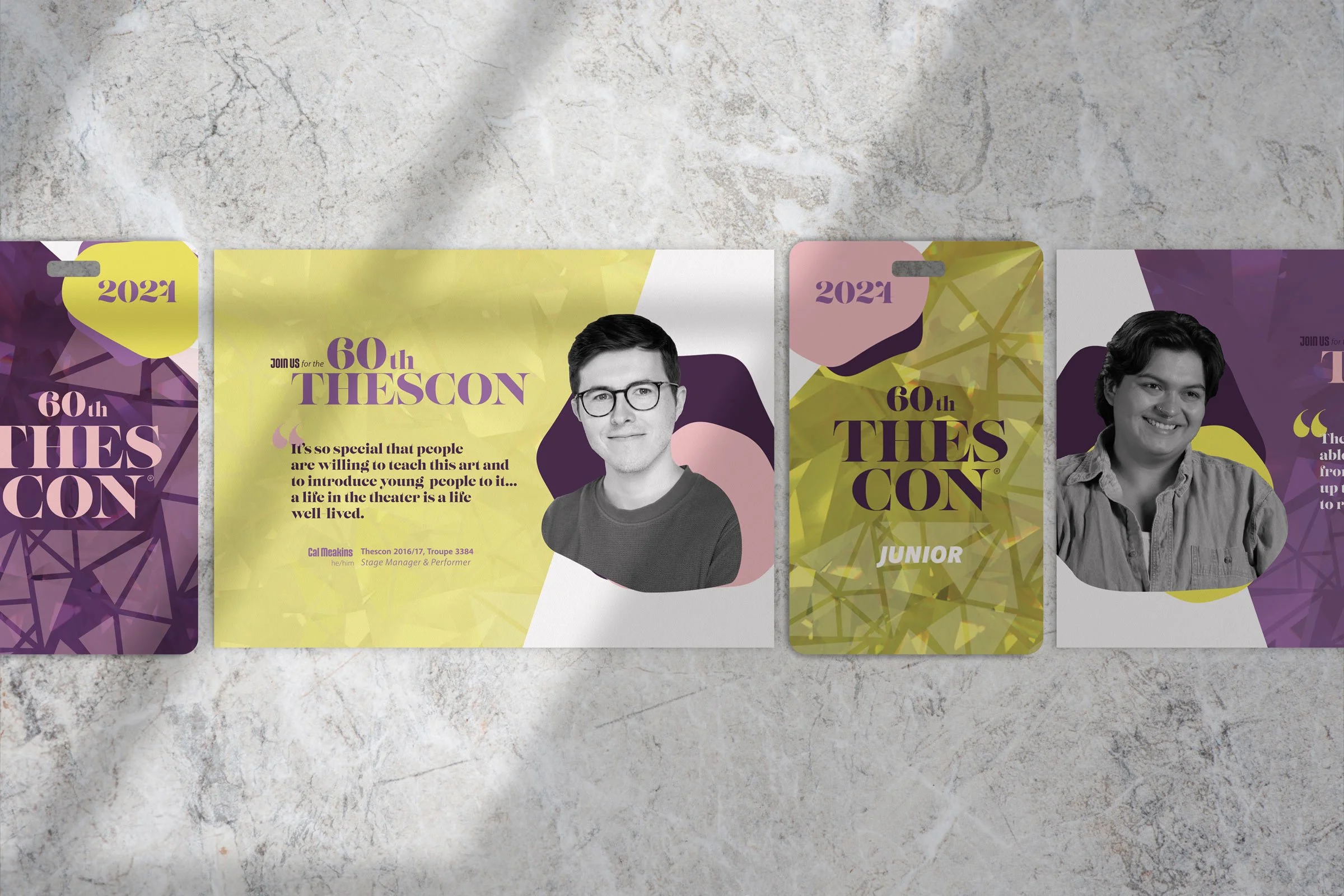 Name badges and postcards on neutral background