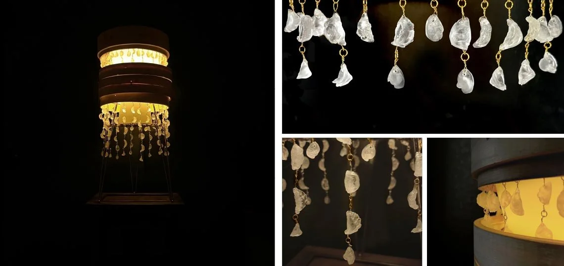 Collage of chandelier made of clear, resin dumplings and bamboo steamer