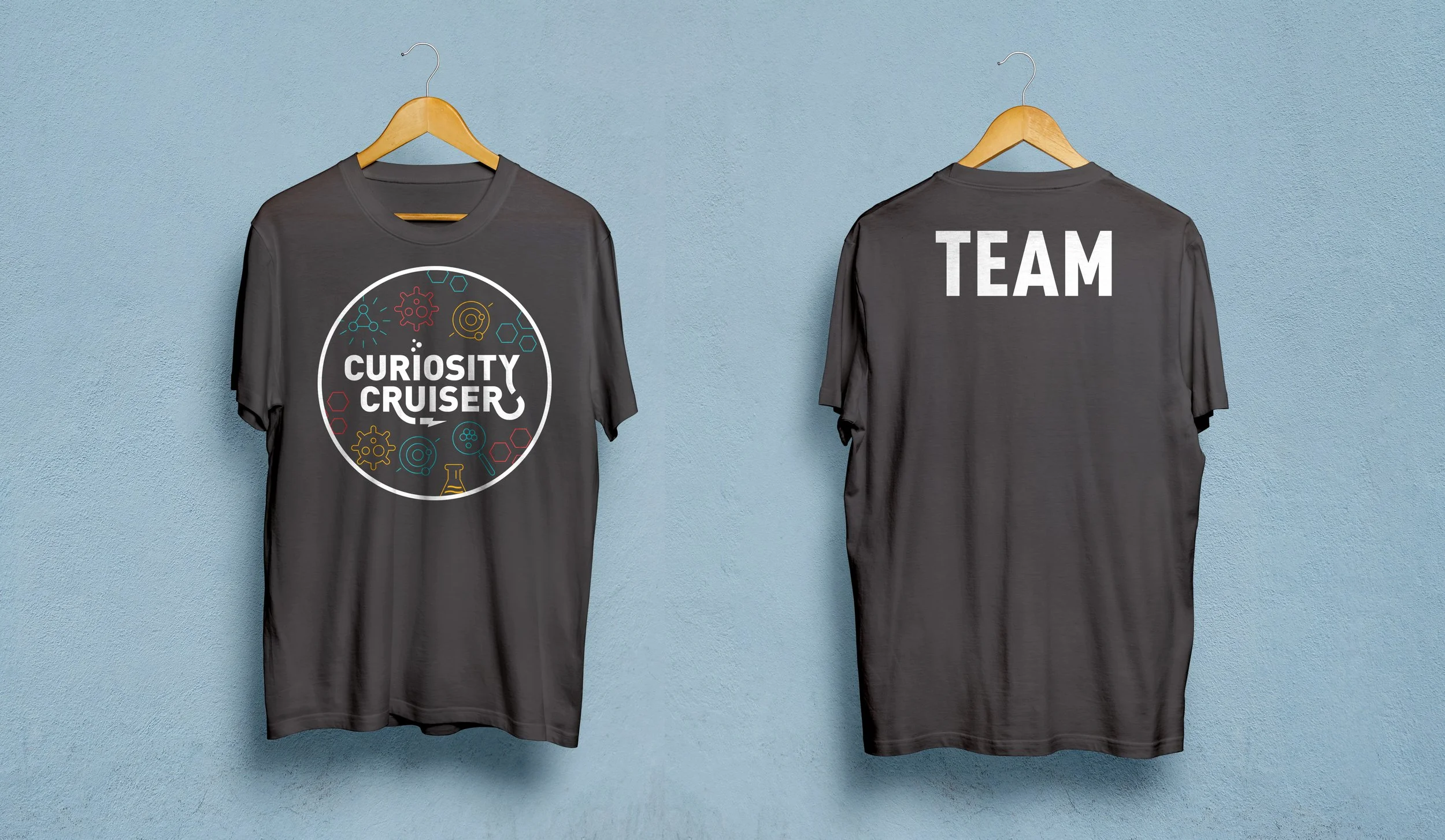 Gray tshirts with branded graphics on blue background