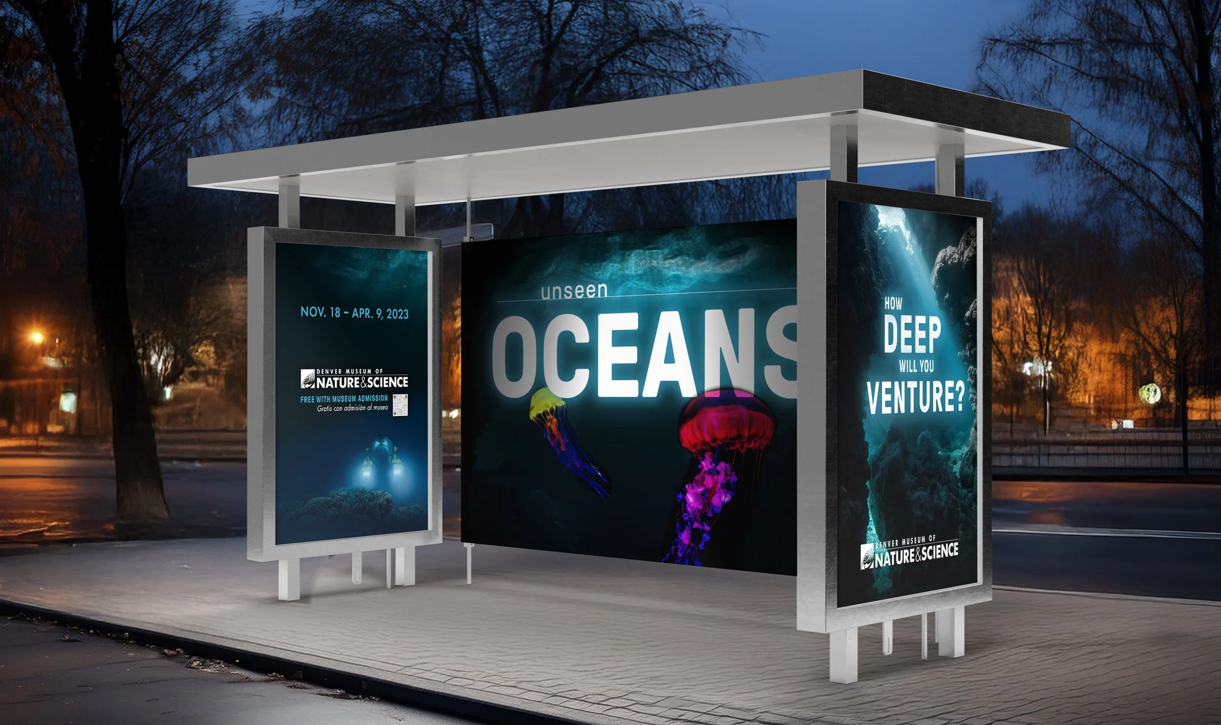 Bus shelter with jellyfish and submarine images