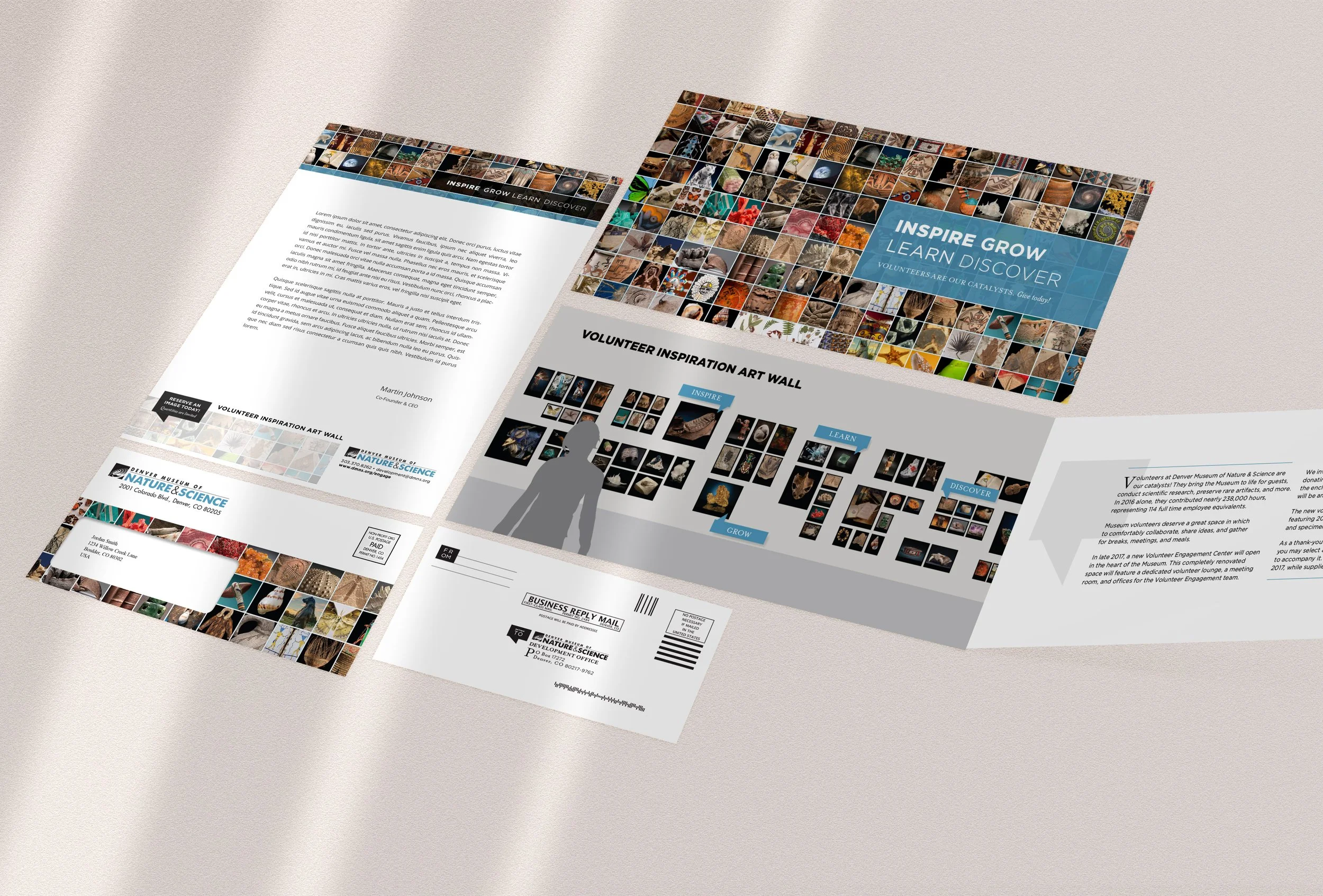 Donation solicitation letterhead, envelopes and brochure on neutral background