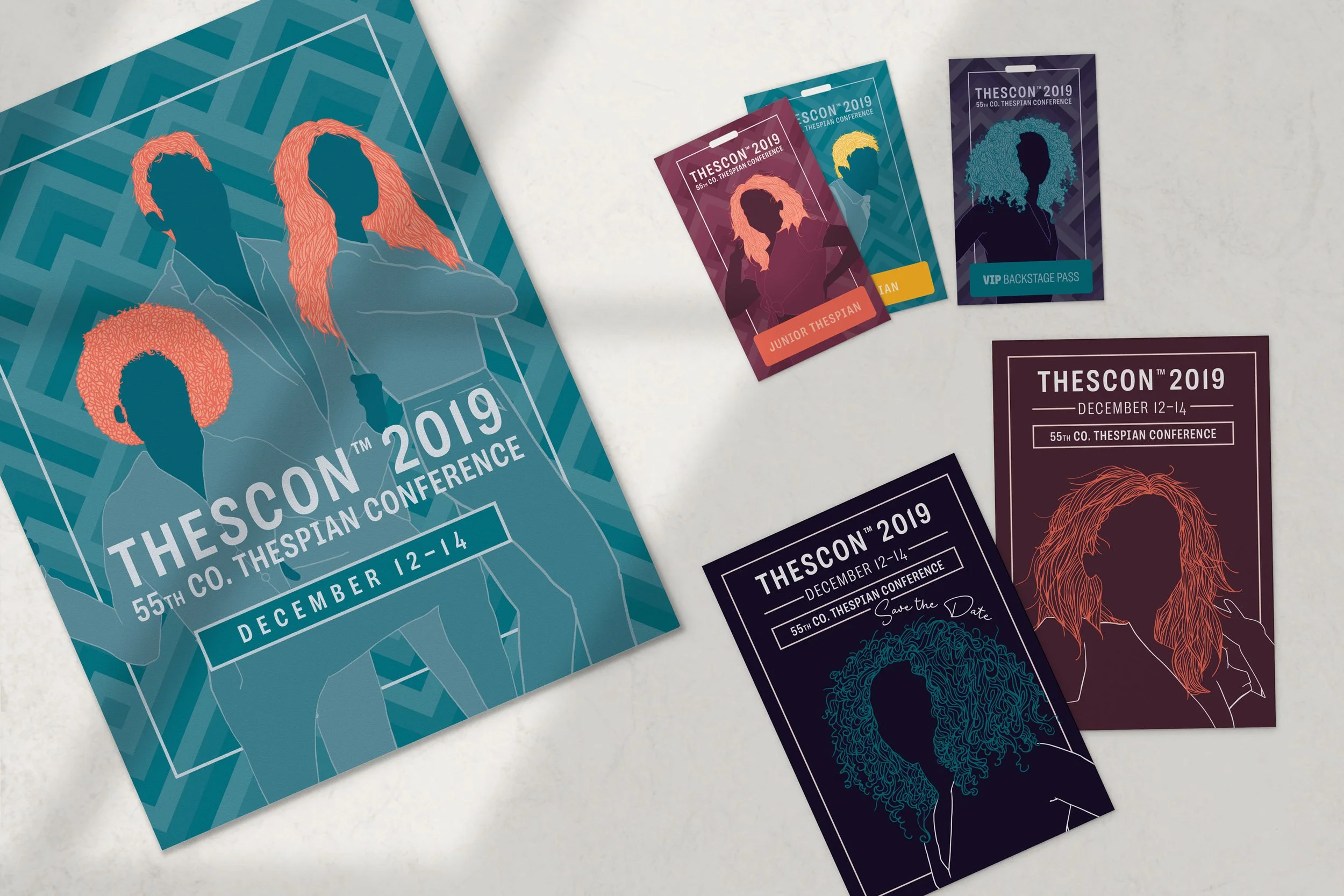 Event Program, name badges, and postcards on neutral background