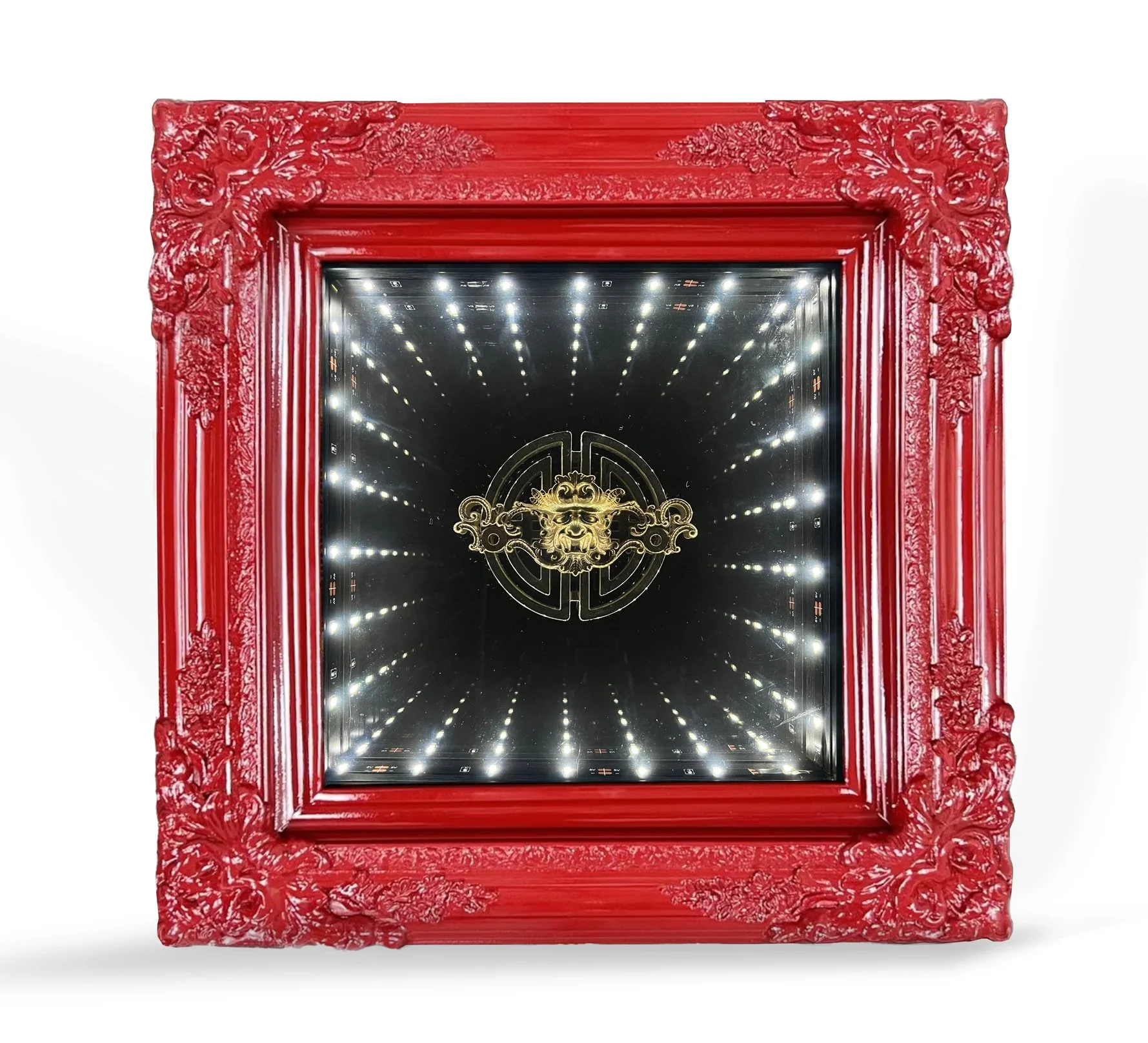Infinity mirror with dragon artifact in a red frame