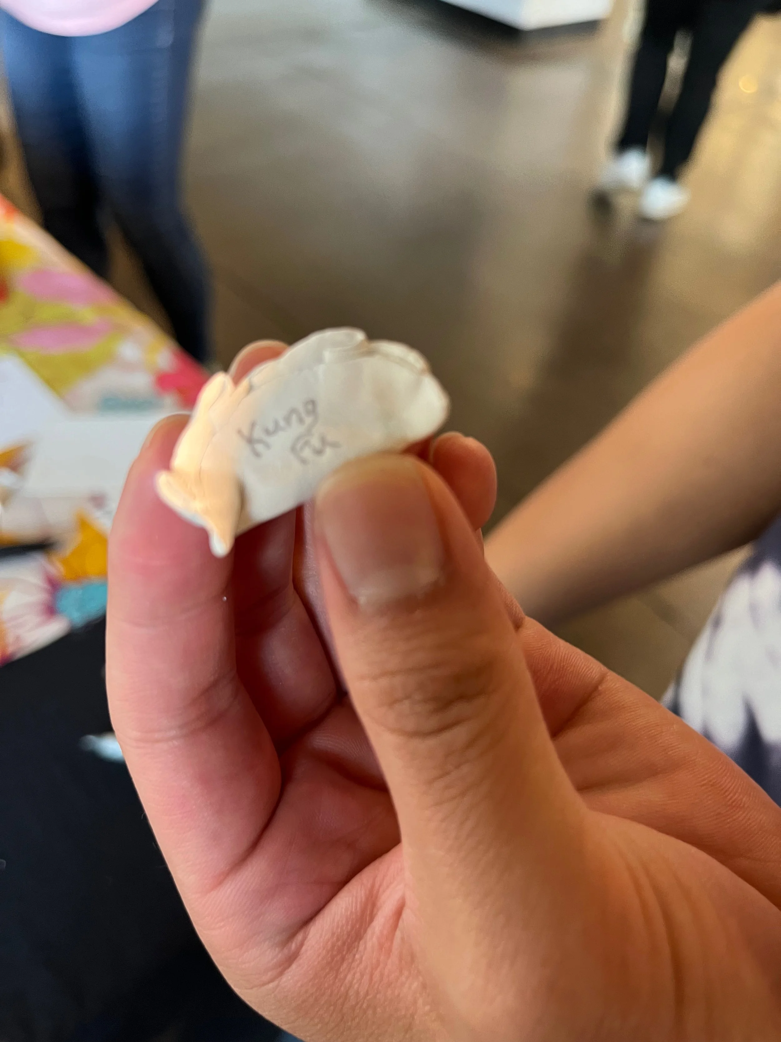 Close up of dumpling that says "kung fu"