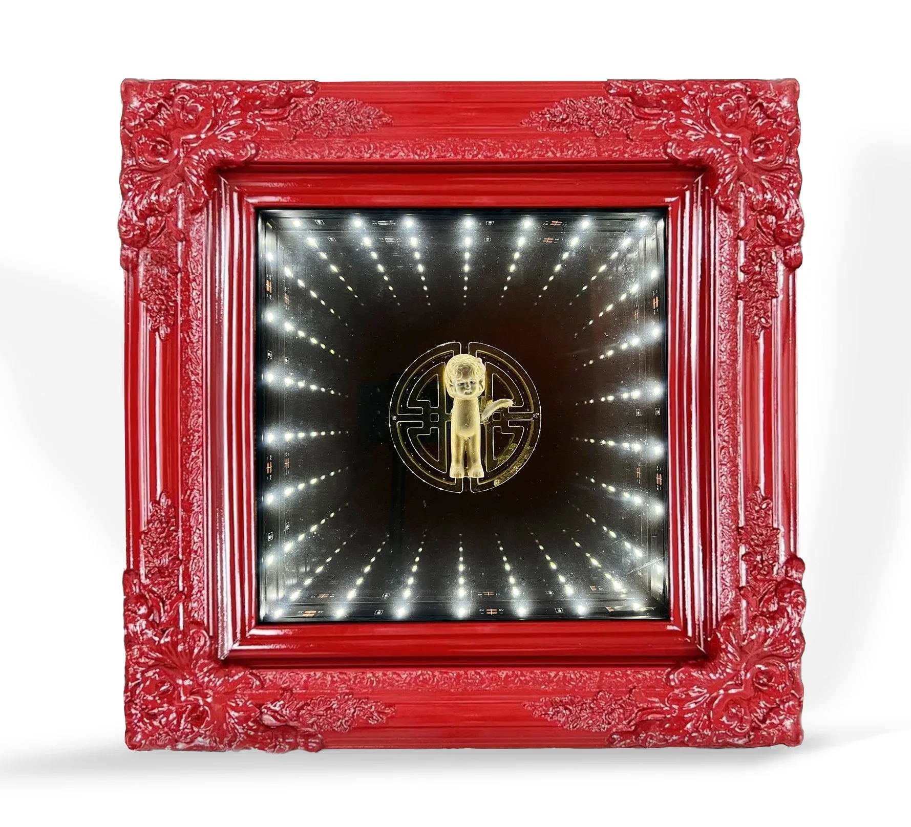 Infinity mirror with doll artifact in a red frame