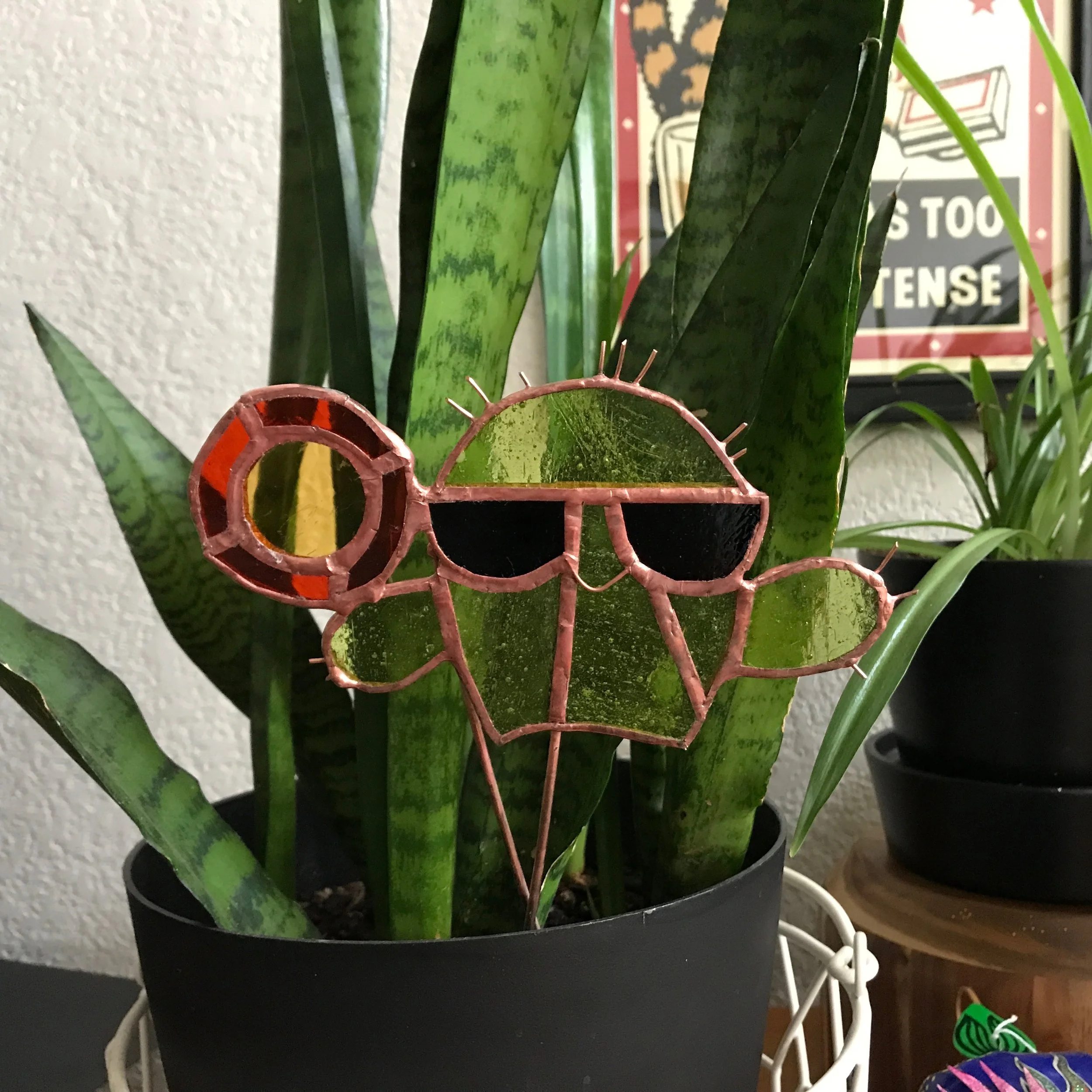 Cactus with sunglasses stained glass plant stake in pot with snake plant