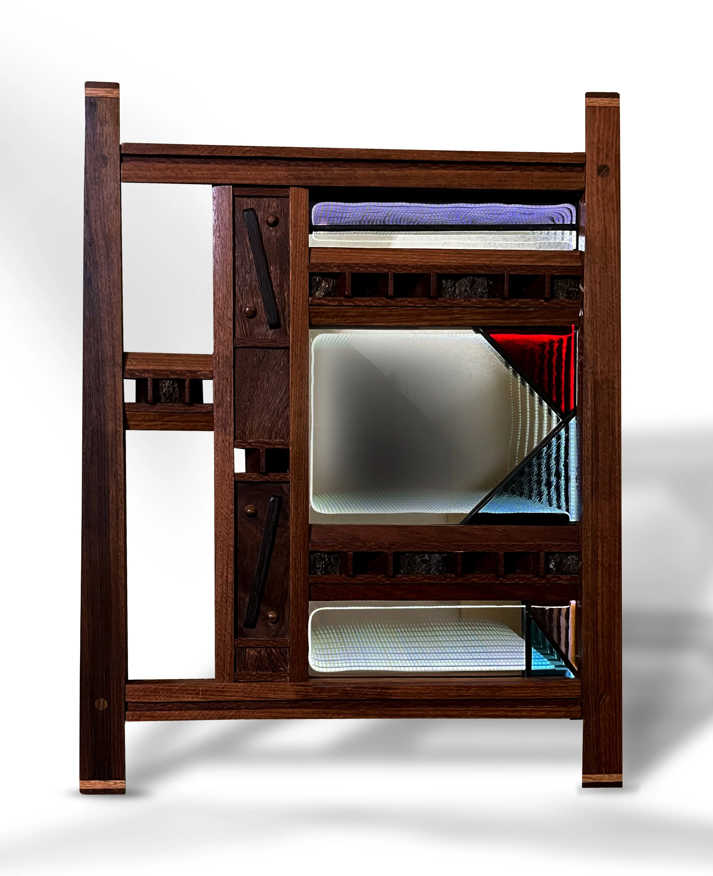 Full view of infinity mirror with stained glass panels in a wooden frame