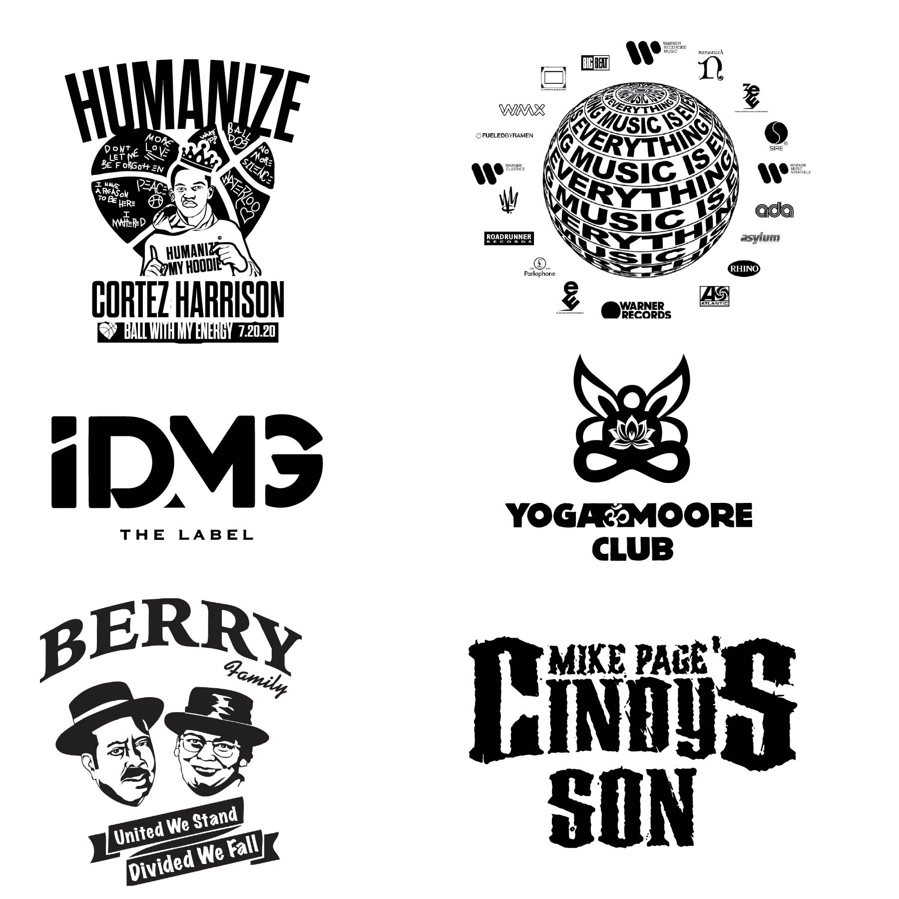 Black and white logos and illustrations