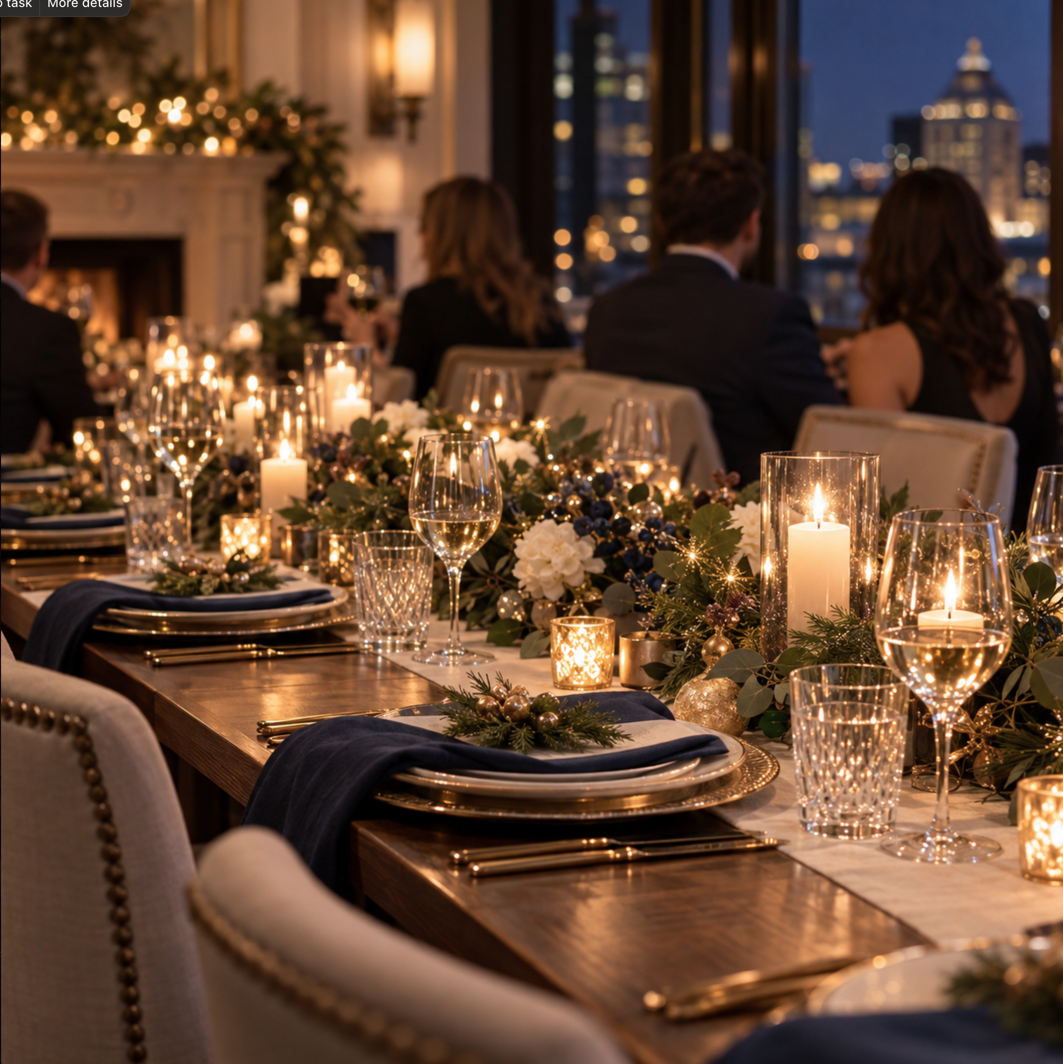 Image shows a dinner table set with candles, plates, napkins and nightime lights. 