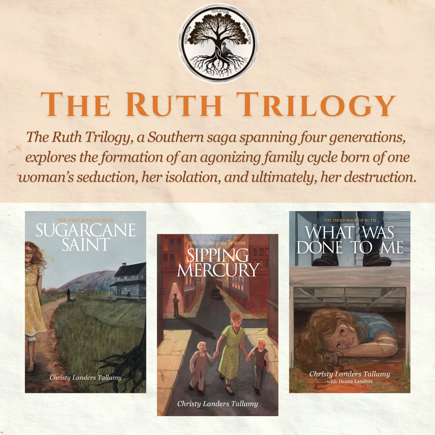 A picture of the three titles in the southern historical fiction saga The Ruth Trilogy by Christy Landers Tallamy