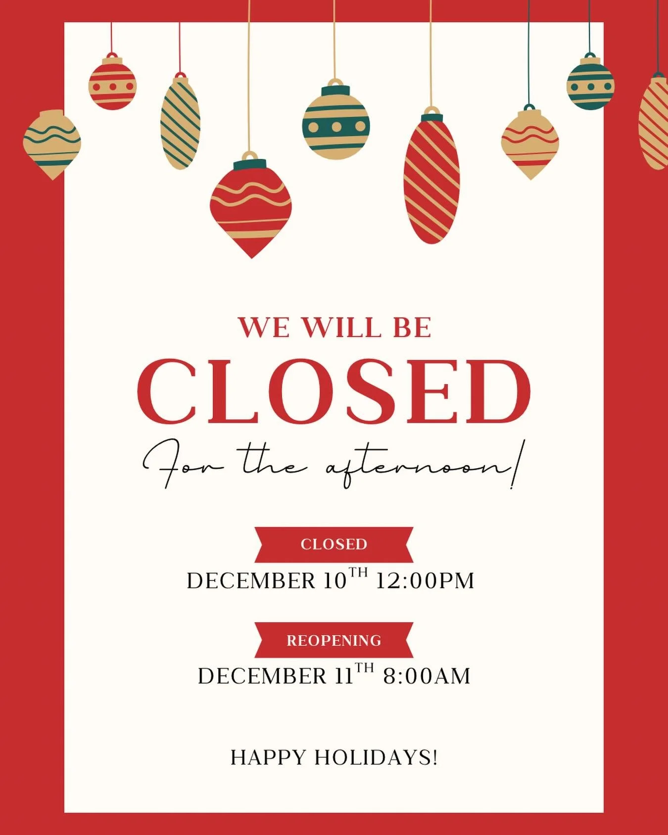 Our office will be closed tomorrow afternoon to allow our staff to gather for a holiday celebration! After an abbreviated schedule on Wednesday, we will resume our regular office hours Thursday morning. Thank you for allowing us to spend this special