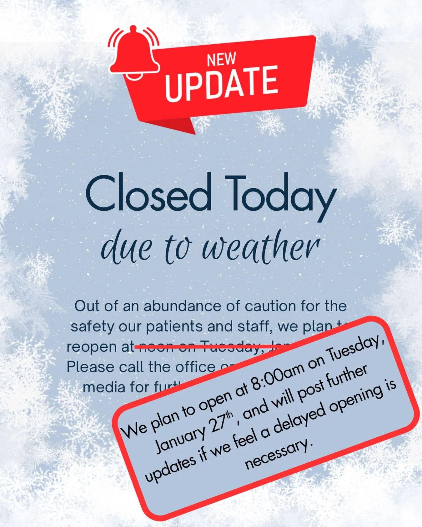 UPDATED HOURS FOR TUESDAY! We plan to open tomorrow at 8:00am if roads are safe for travel. We will continue to monitor the weather and travel safety and make adjustments to our office hours as needed. We will announce any changes on social media and