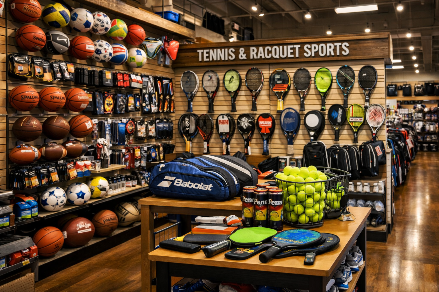 Racquet sports display in a store