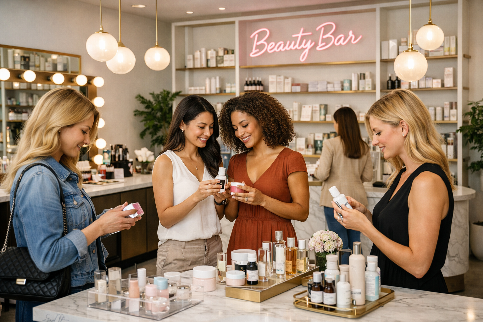Women shopping at a beauty bar