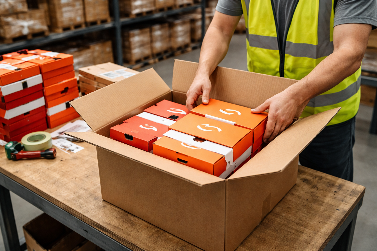 Warehouse worker packing footwear