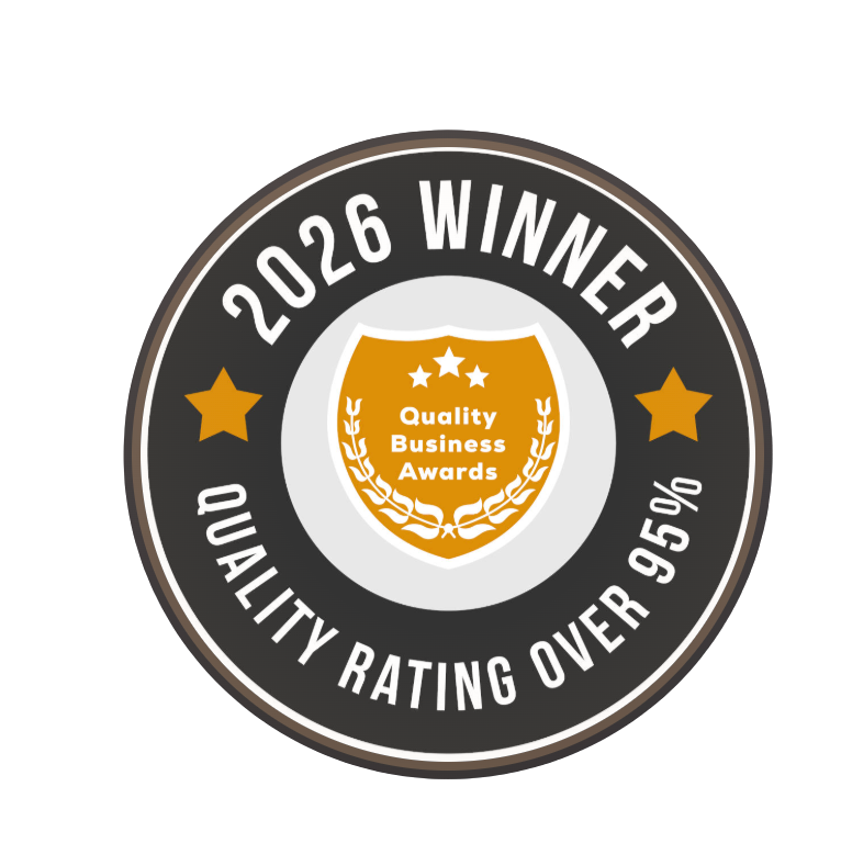 A circular badge indicating a 2026 winner for quality business awards, with a quality badge and stars, and a rating over 95%.