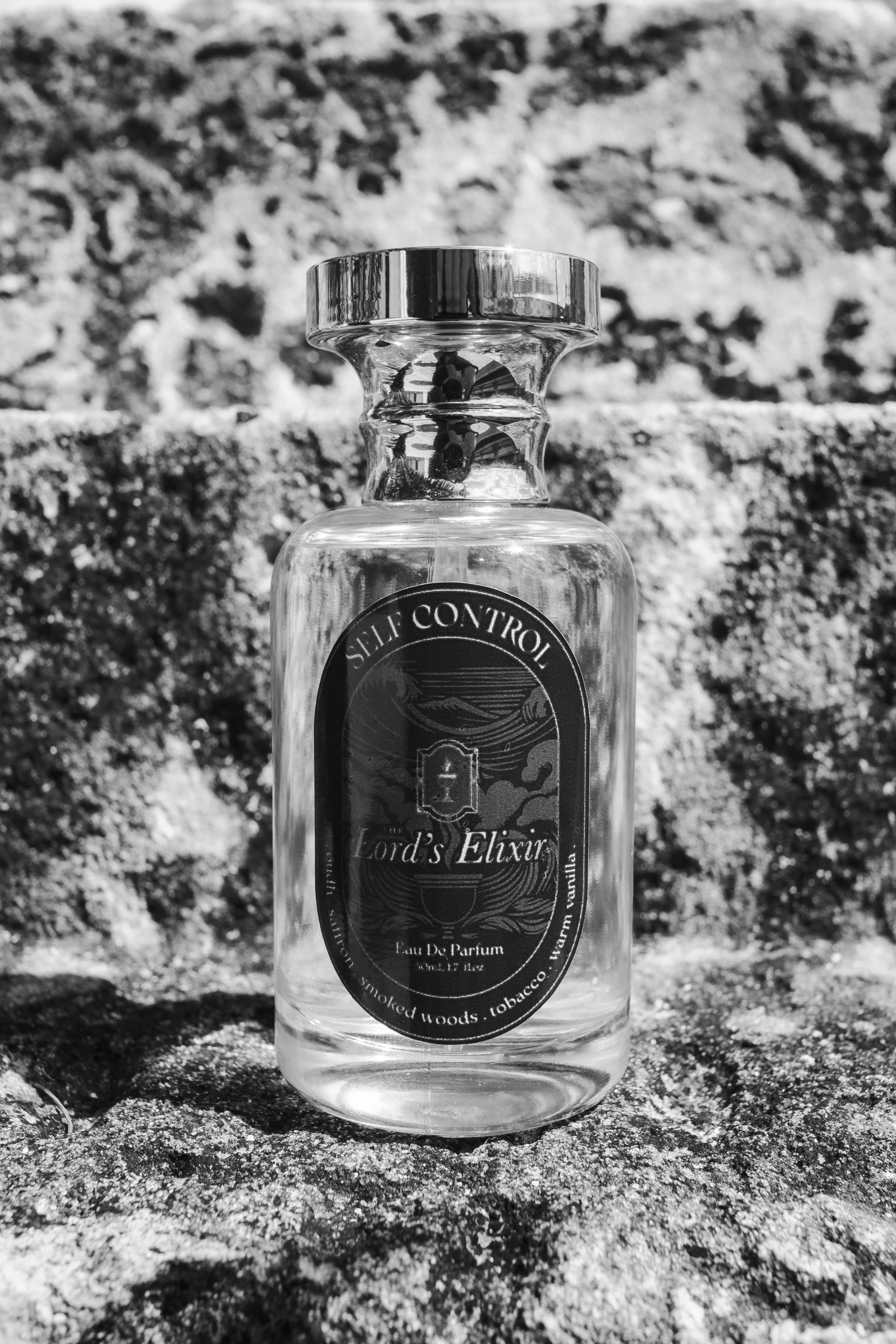 A clear glass bottle labeled 'Lord's Elixir' with a metallic cap, sitting on a rocky surface outdoors, with a rough stone wall in the background. The photo is in black and white.