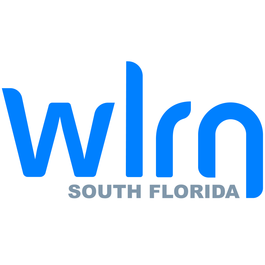 Logo for WLRN South Florida, featuring a stylized blue and gray text design.
