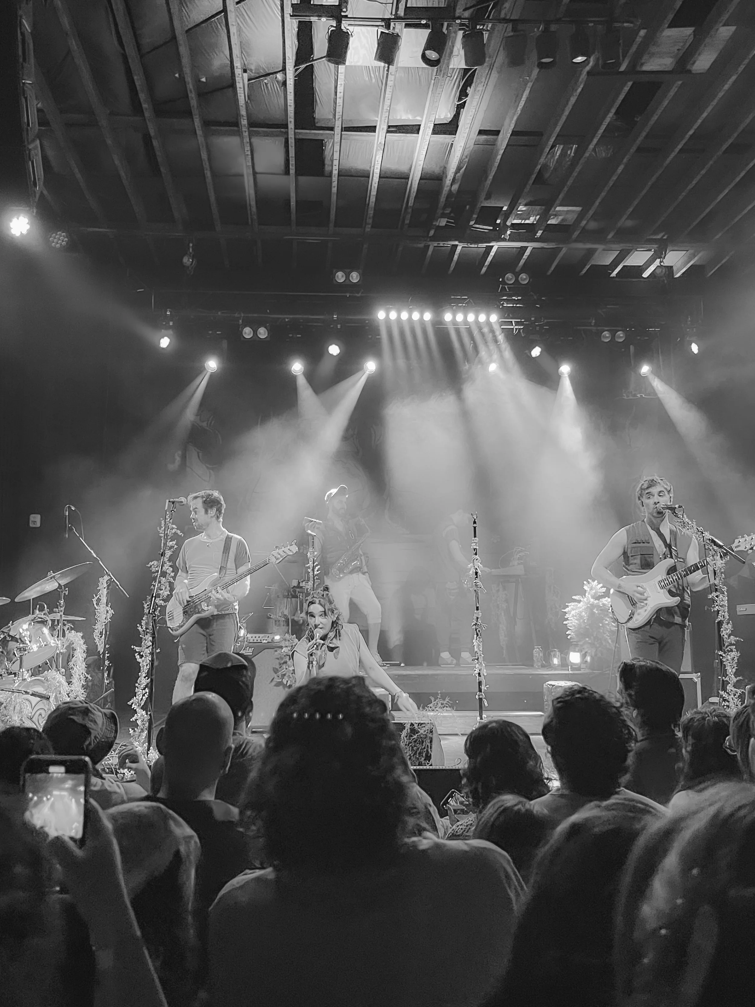 A black and white photo of a live band performing on stage with an audience watching. The stage has several musicians, including a woman singing and playing a guitar, with a backdrop decorated with trees. Bright stage lights illuminate the scene.